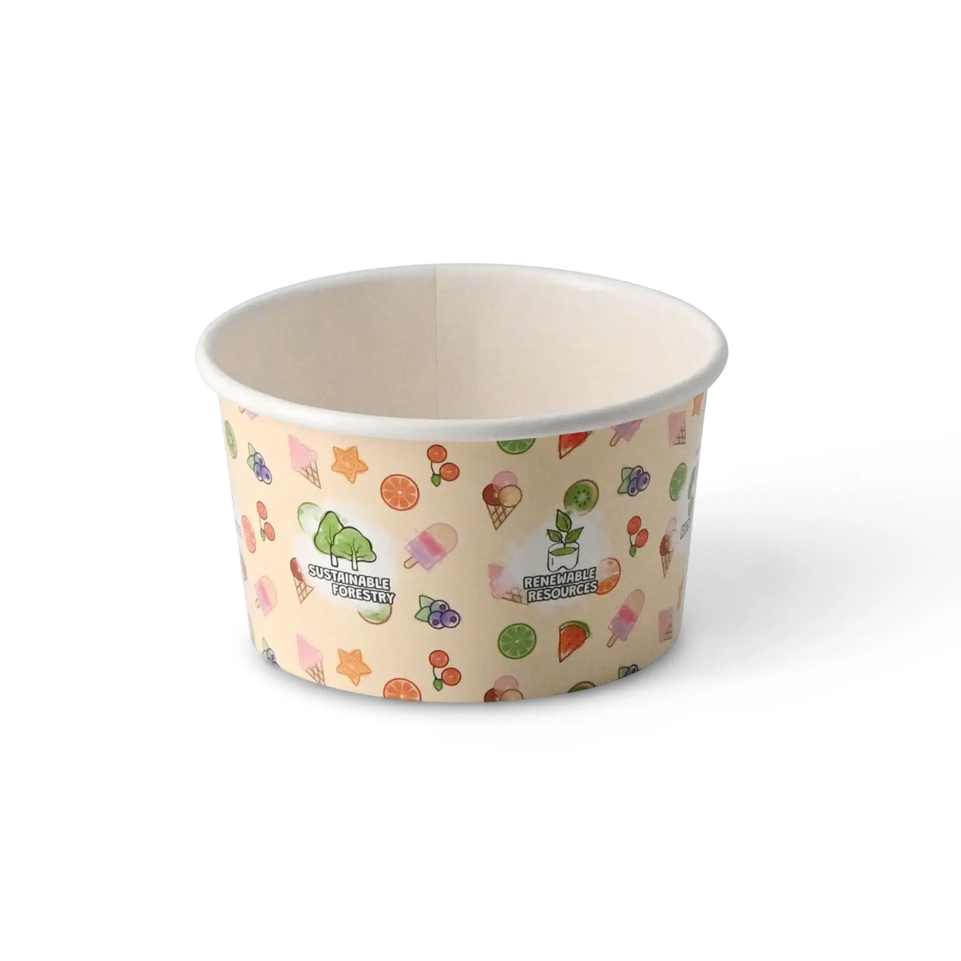 Ice cream container with colorful motifs, suitable for two to three scoops, biodegradable, and recyclable.