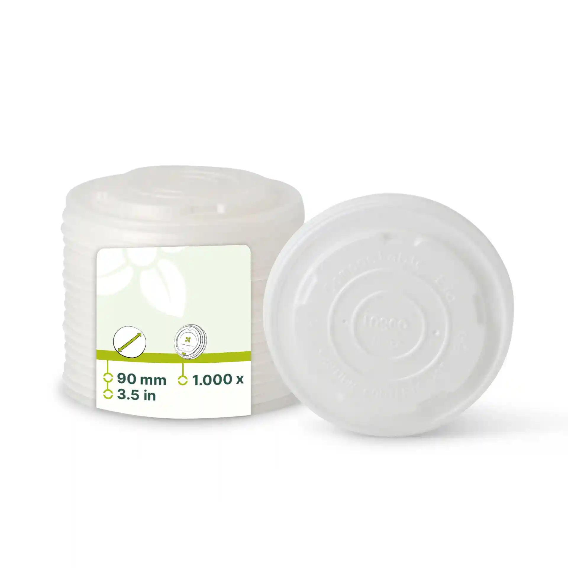 White CPLA flat lids stacked, with a label showing dimensions of 90 mm and a round shape.