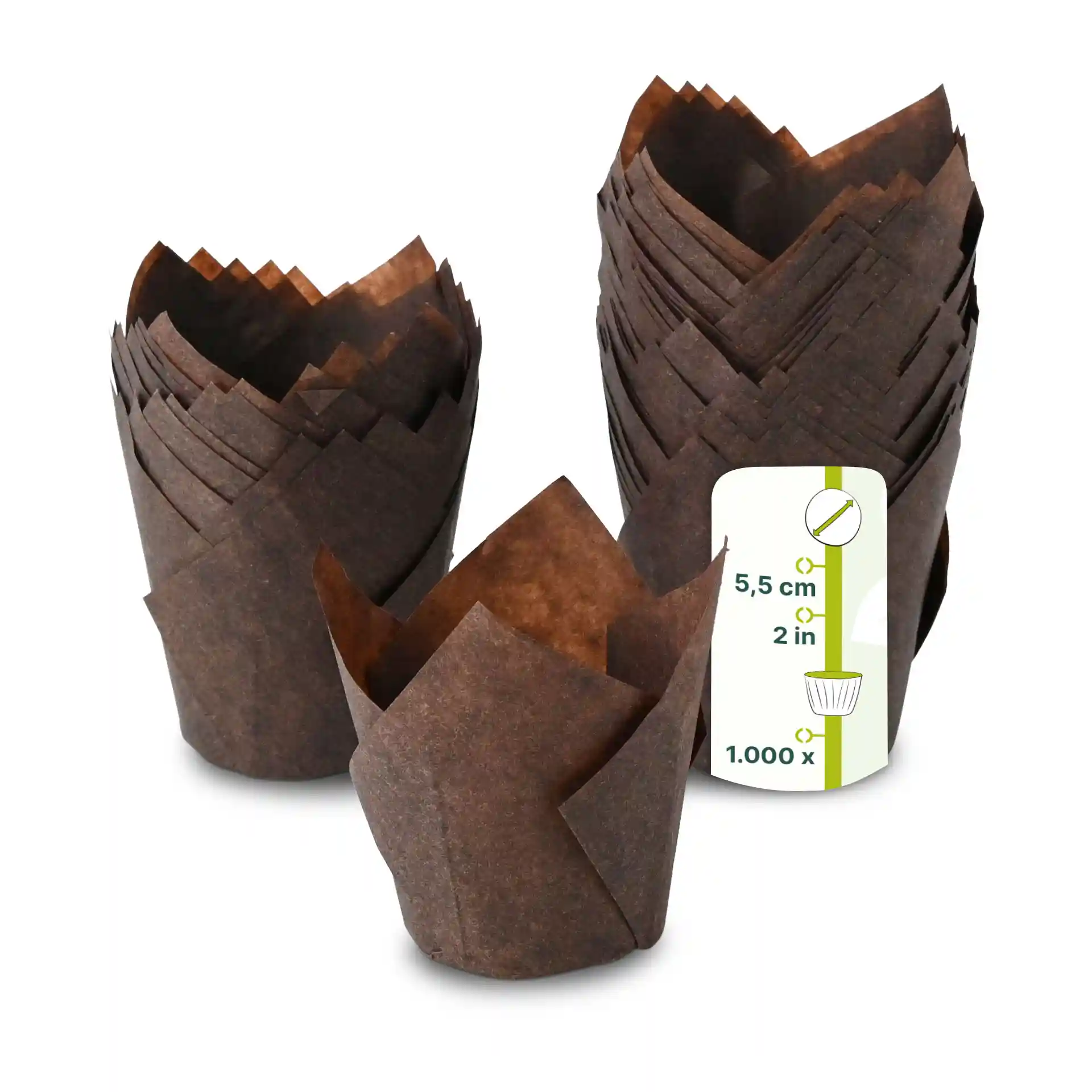 Brown paper muffin cups with a height of 5.5 cm and a diameter of 5 cm, stacked with a label showing dimensions.