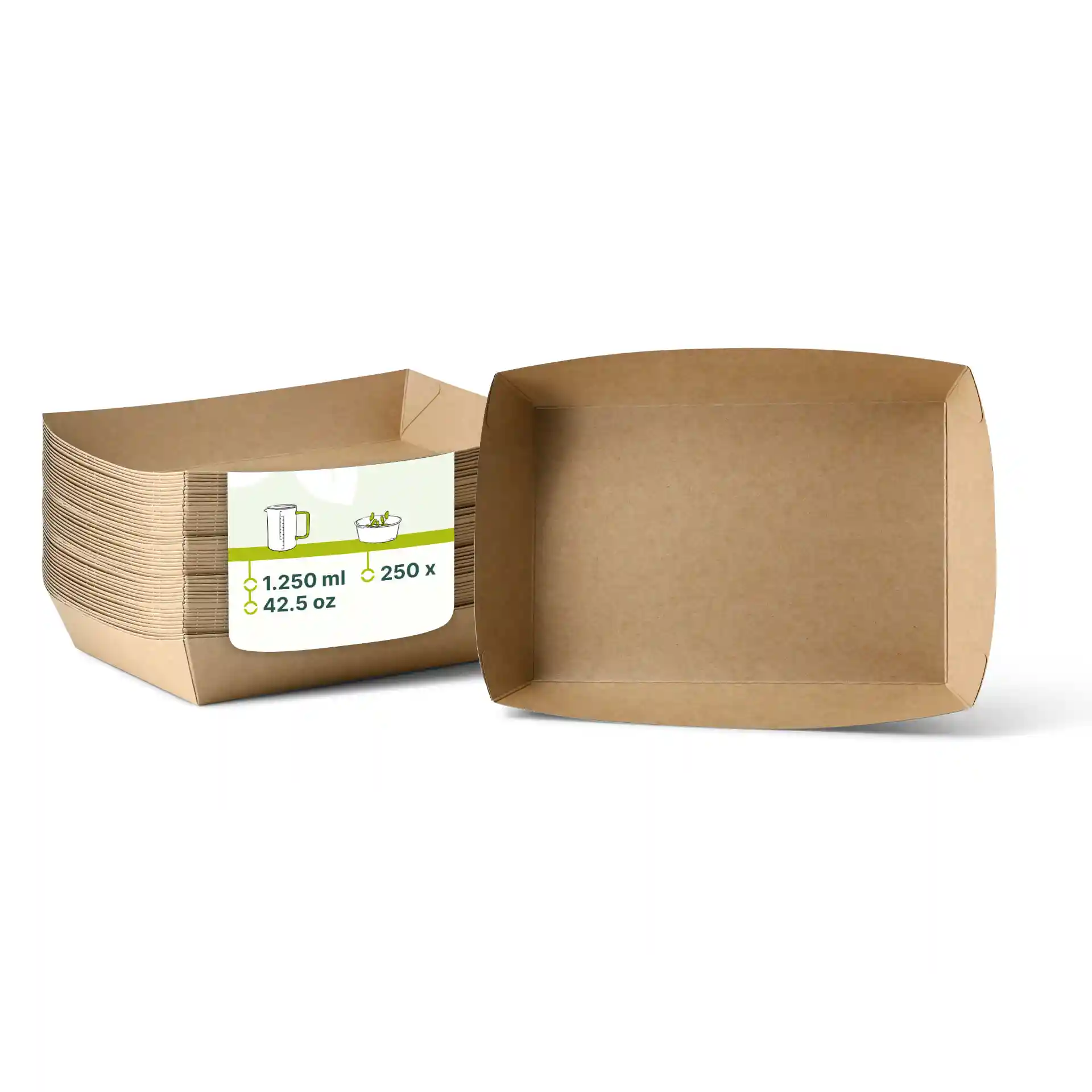 Brown rectangular cardboard trays with a filling volume of 1250 ml, shown stacked with one tray displayed upright.