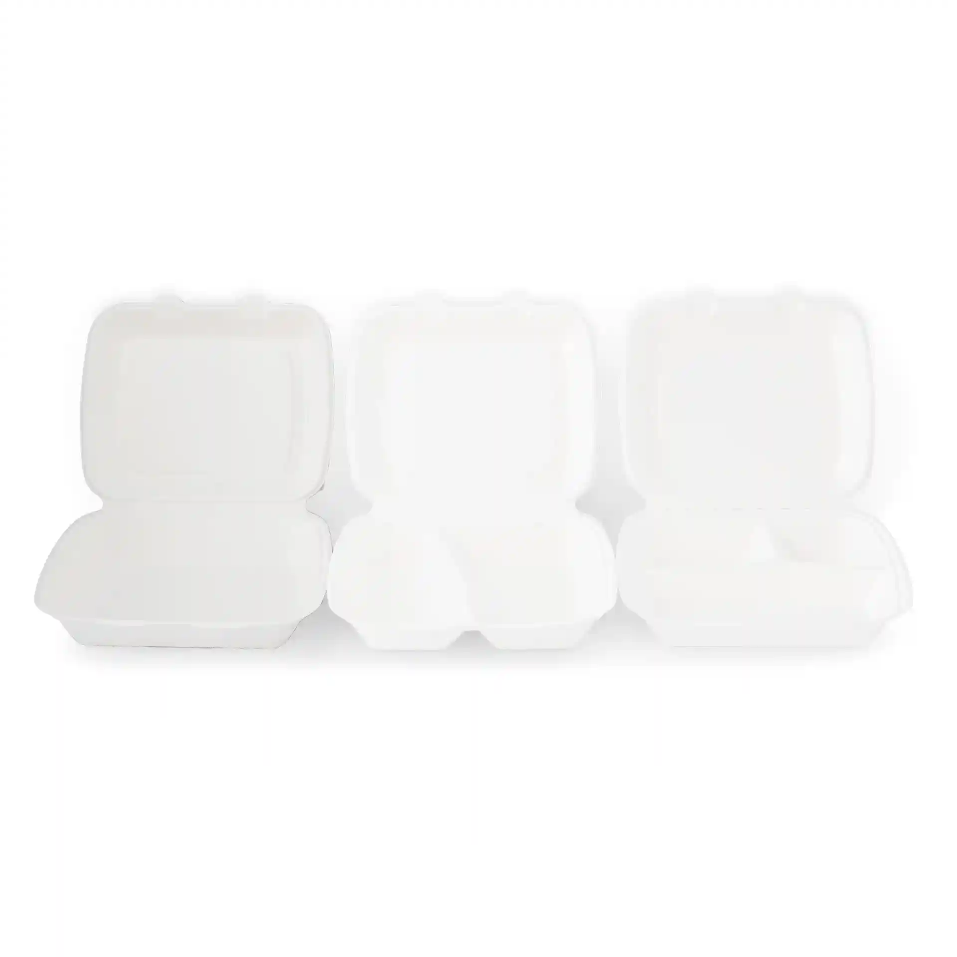 Three white rectangular sugarcane containers with hinged lids, displayed open on a plain background.