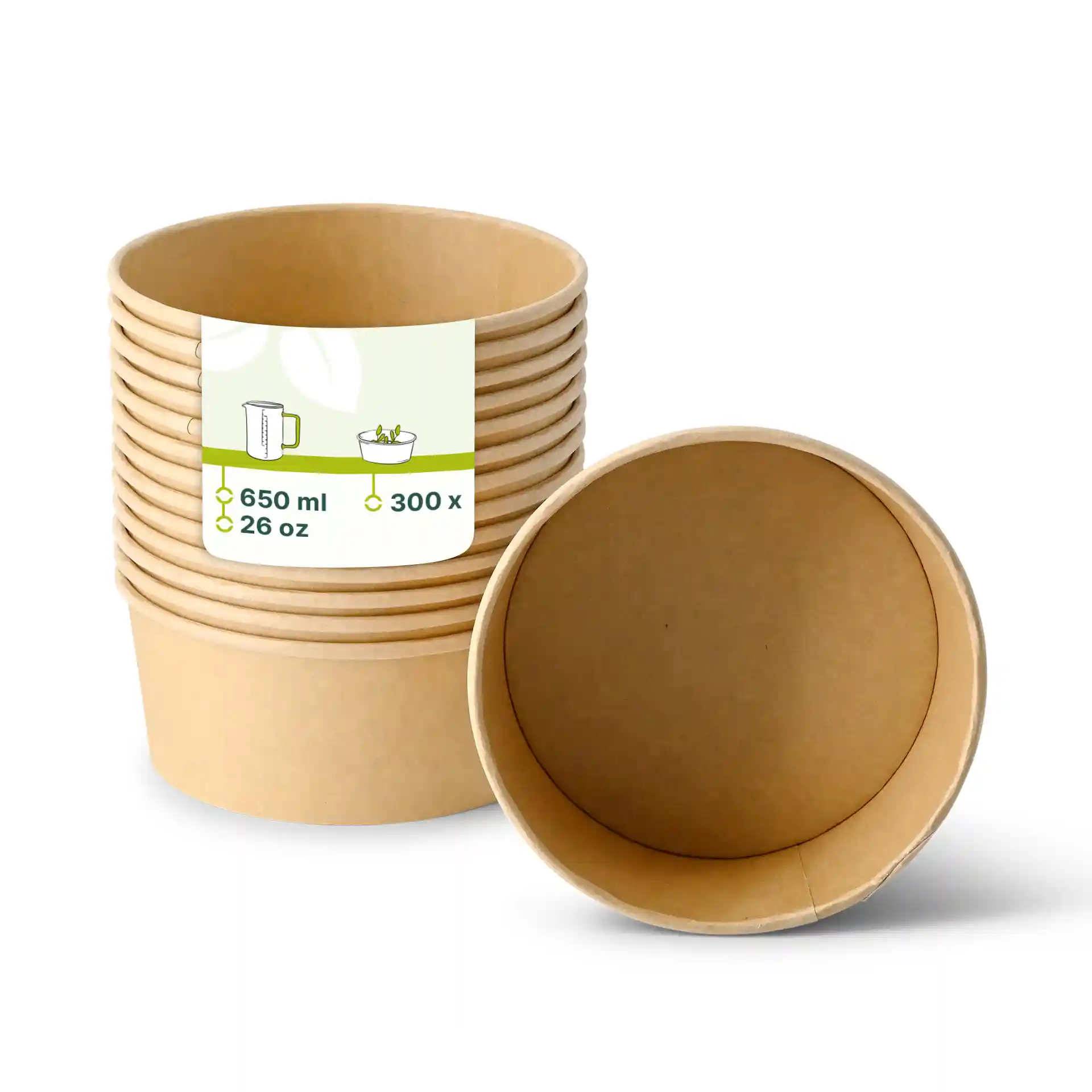 Stack of brown cardboard bowls with one bowl turned upside down, showing the interior. Each bowl has a capacity of 650 ml.
