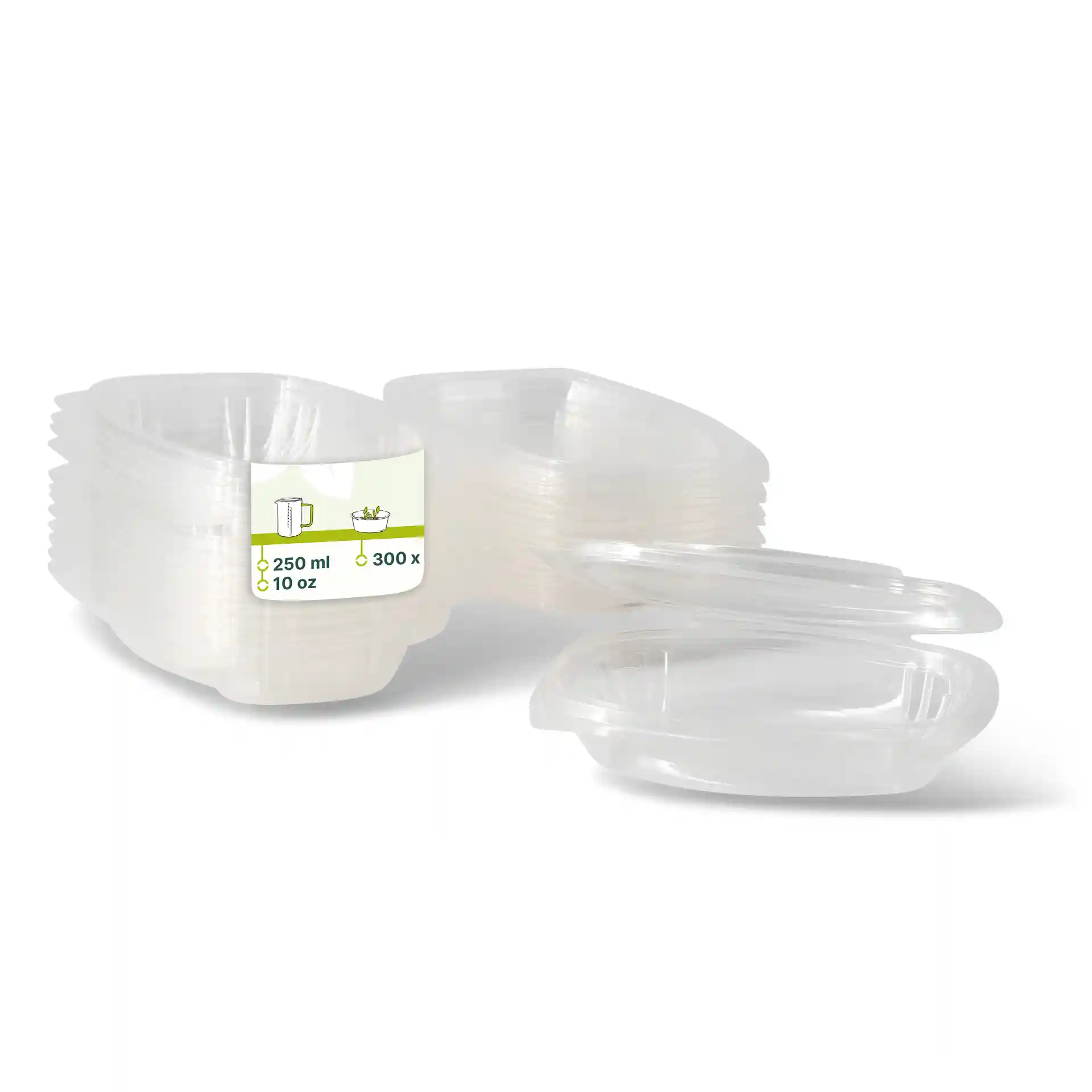 Stack of transparent rectangular PLA deli bowls with a label showing volume and quantity.
