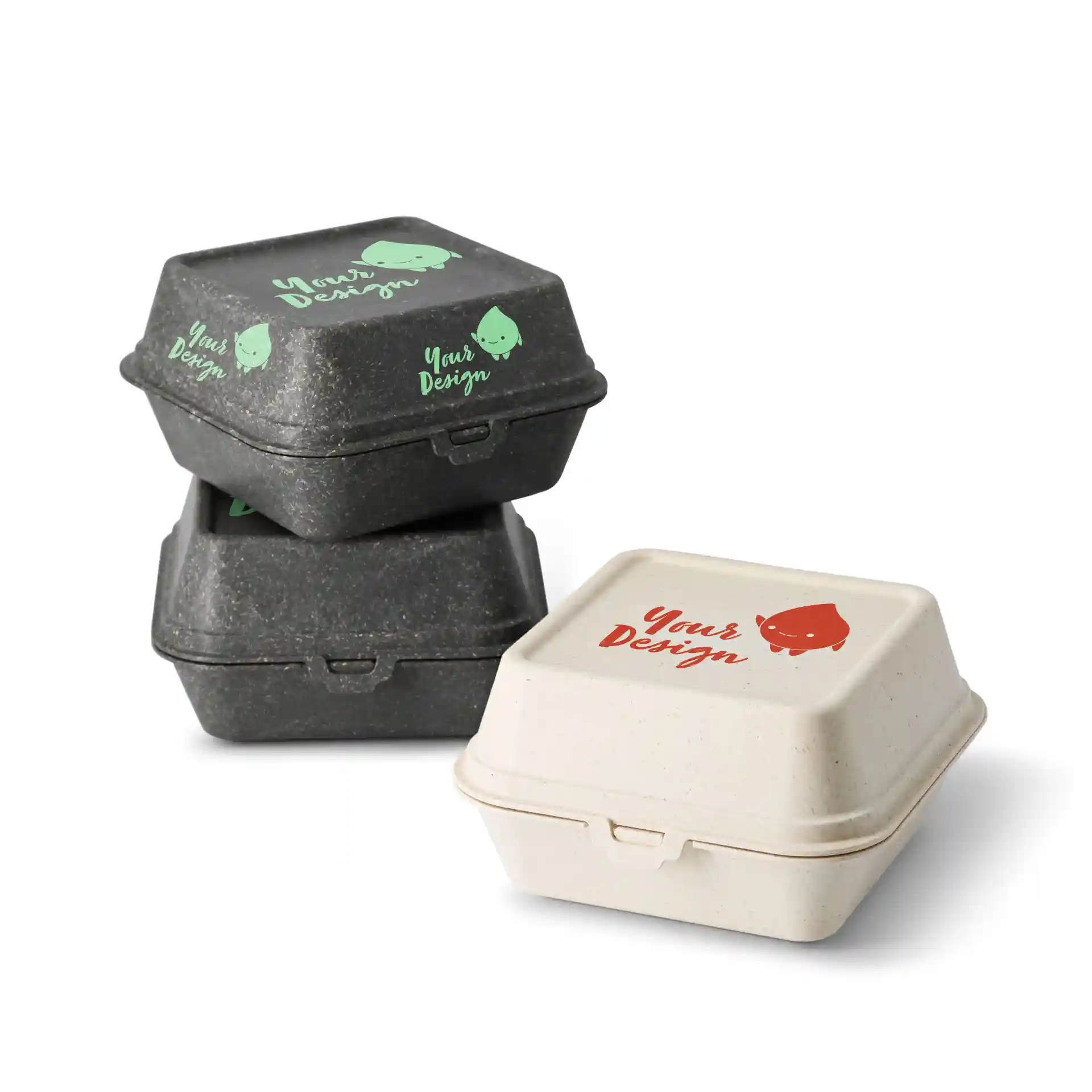 Stack of printed reusable burger boxes in cream white and black, featuring designs on the lids.