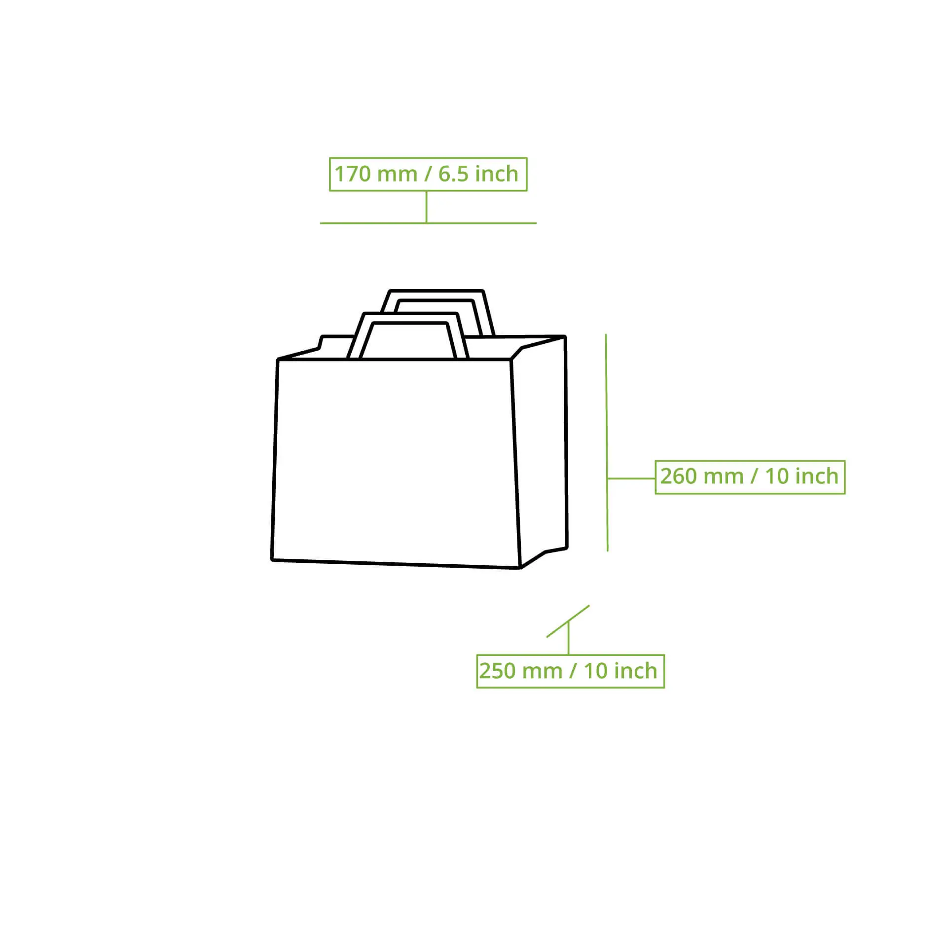 Schematic drawing of a paper carrier bag with dimensions labeled: 260 mm length, 170 mm width, and 250 mm height.