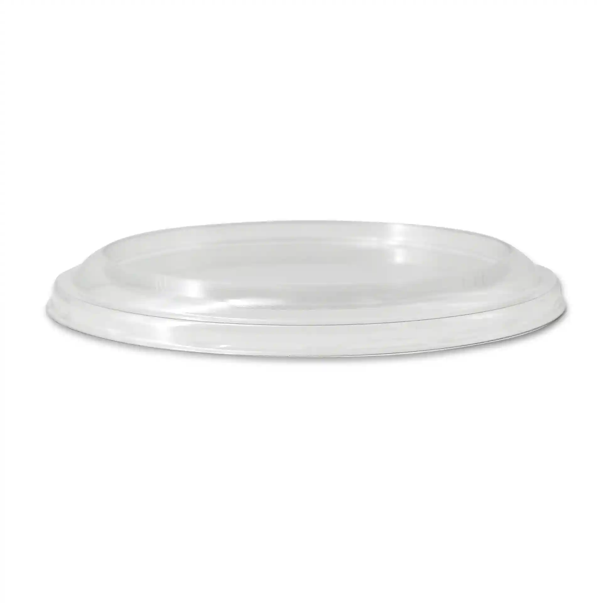 Transparent round rPET lid with a diameter of 123 mm and a height of 12 mm.