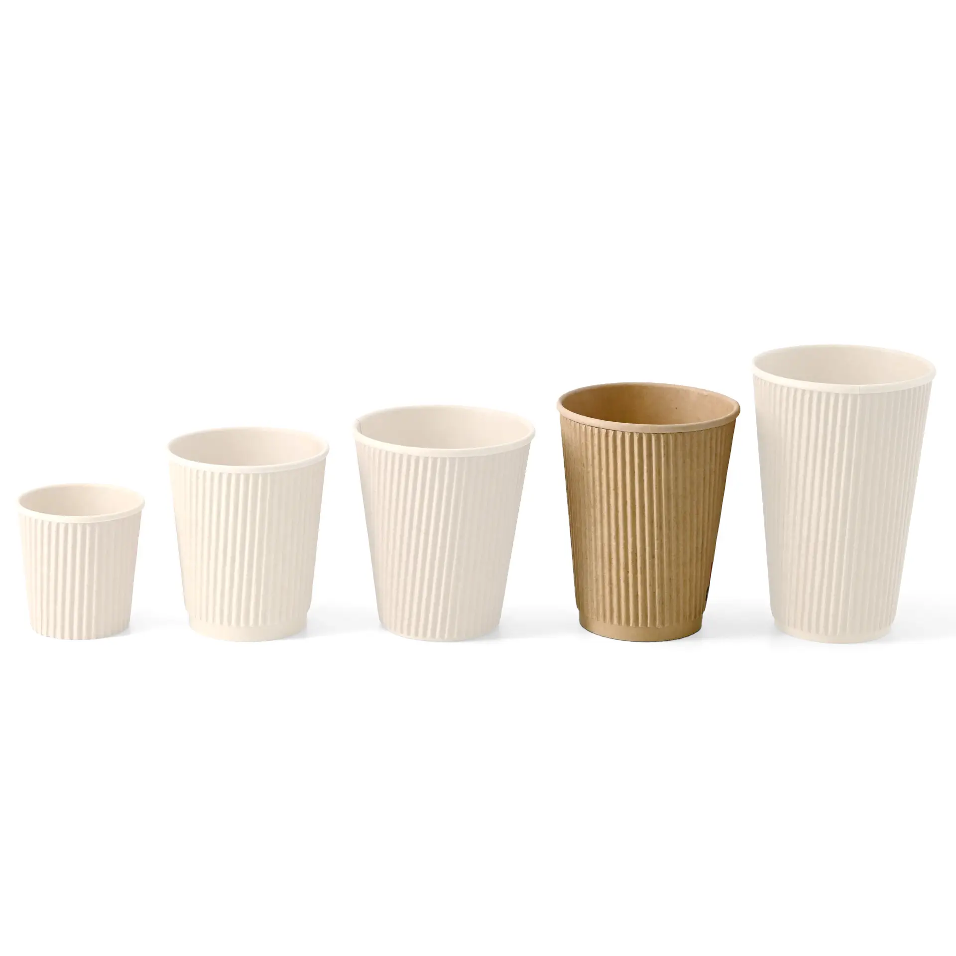 Five insulated coffee cups in various sizes, with a brown cup among white ribbed cups, designed for hot drinks.