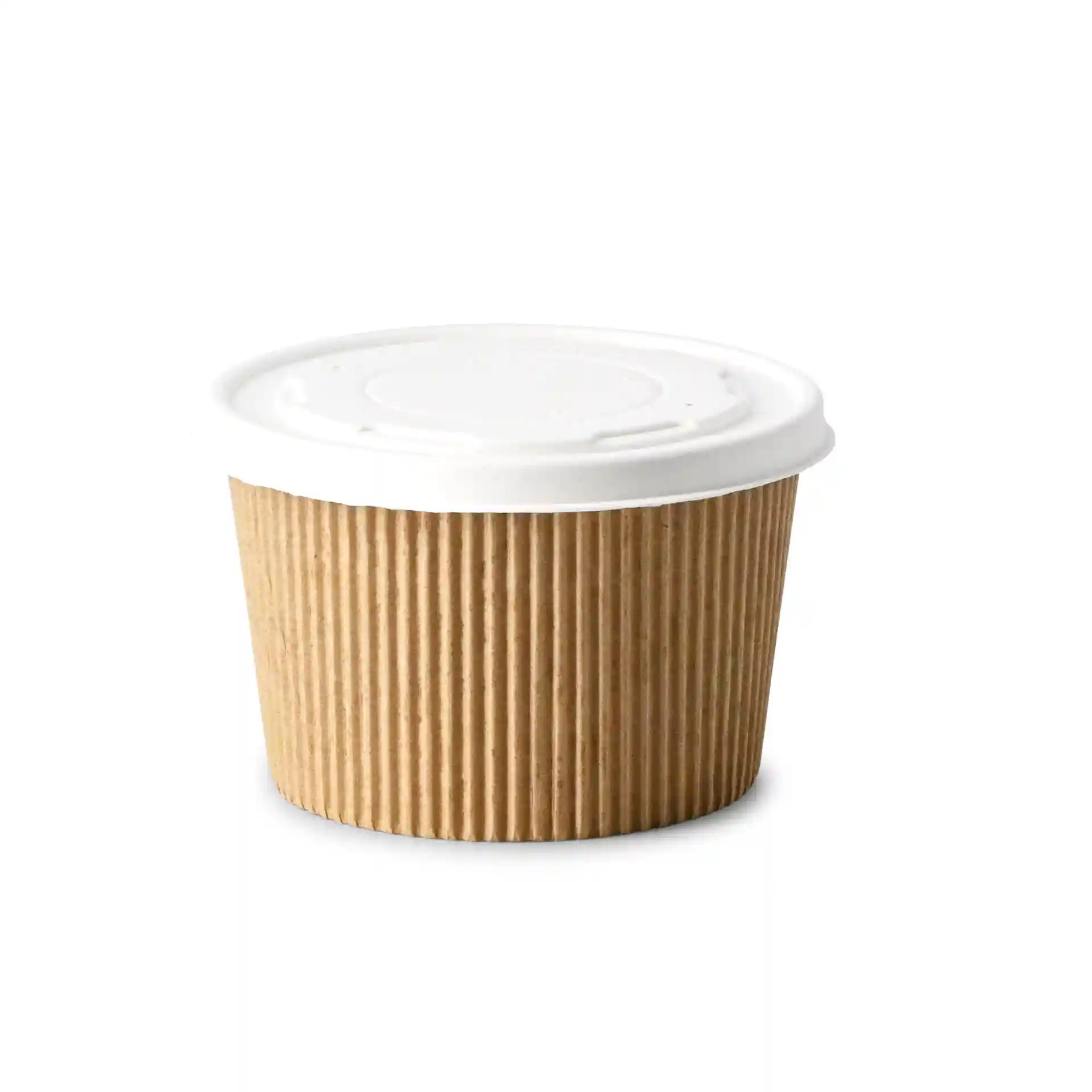 Brown paper cup with a white flat lid, featuring a ribbed texture and a diameter of 115 mm.