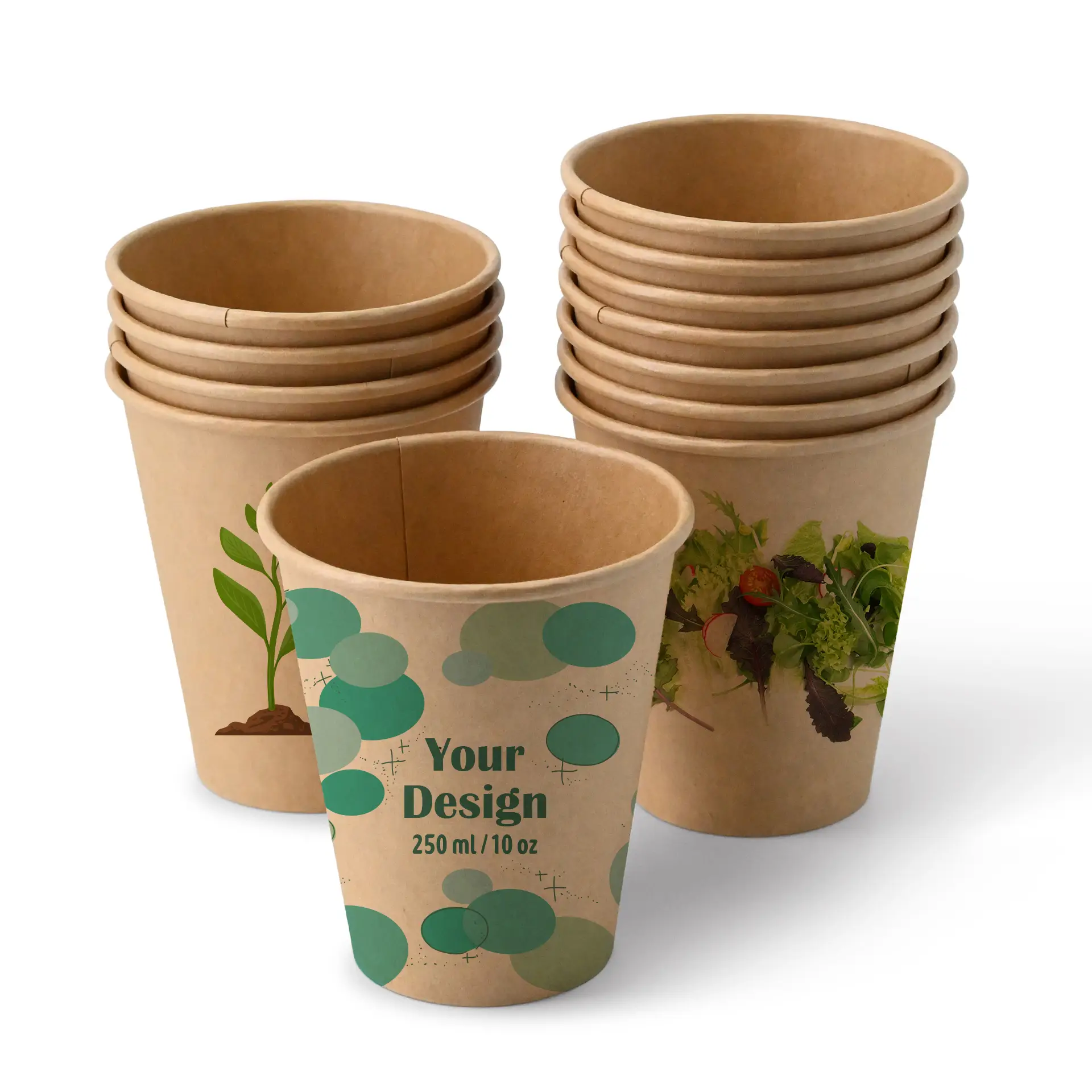 Paper cups with logo (single-wall), 250 ml / 10 oz, brown, water-based coating