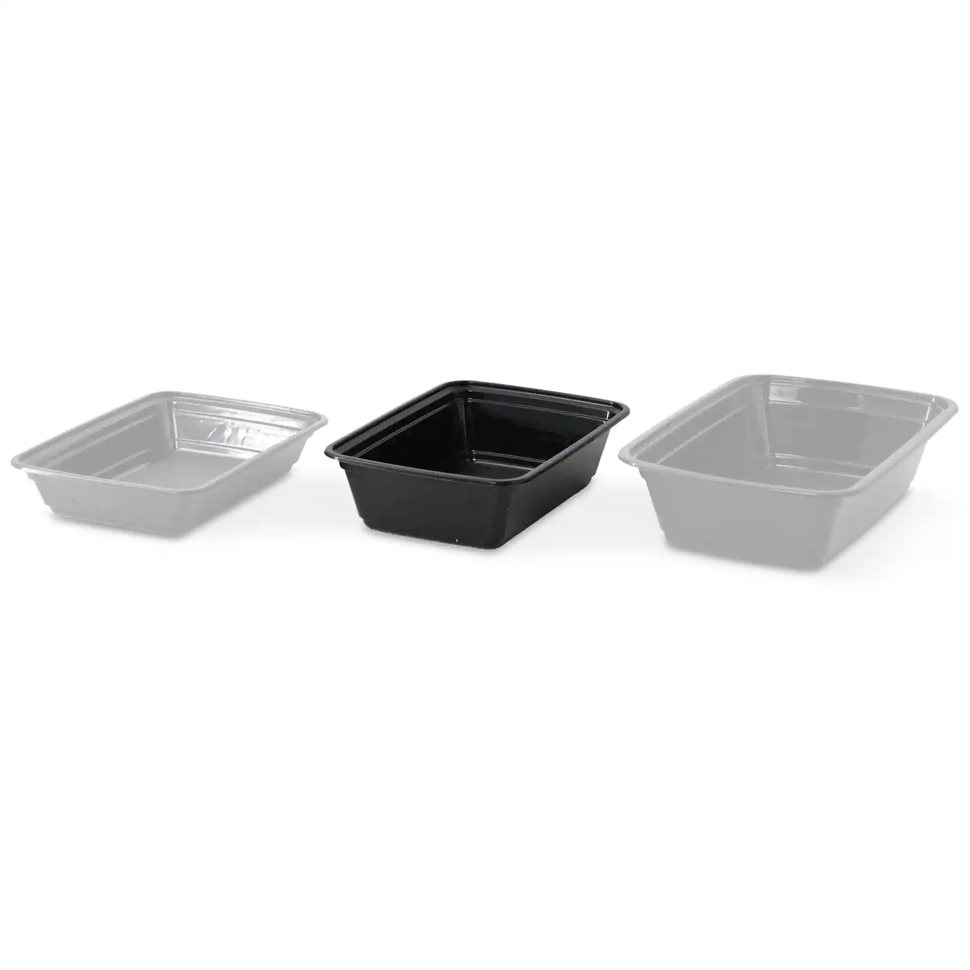 Three rectangular reusable containers in black and grey, with varying opacity, made of PP material.