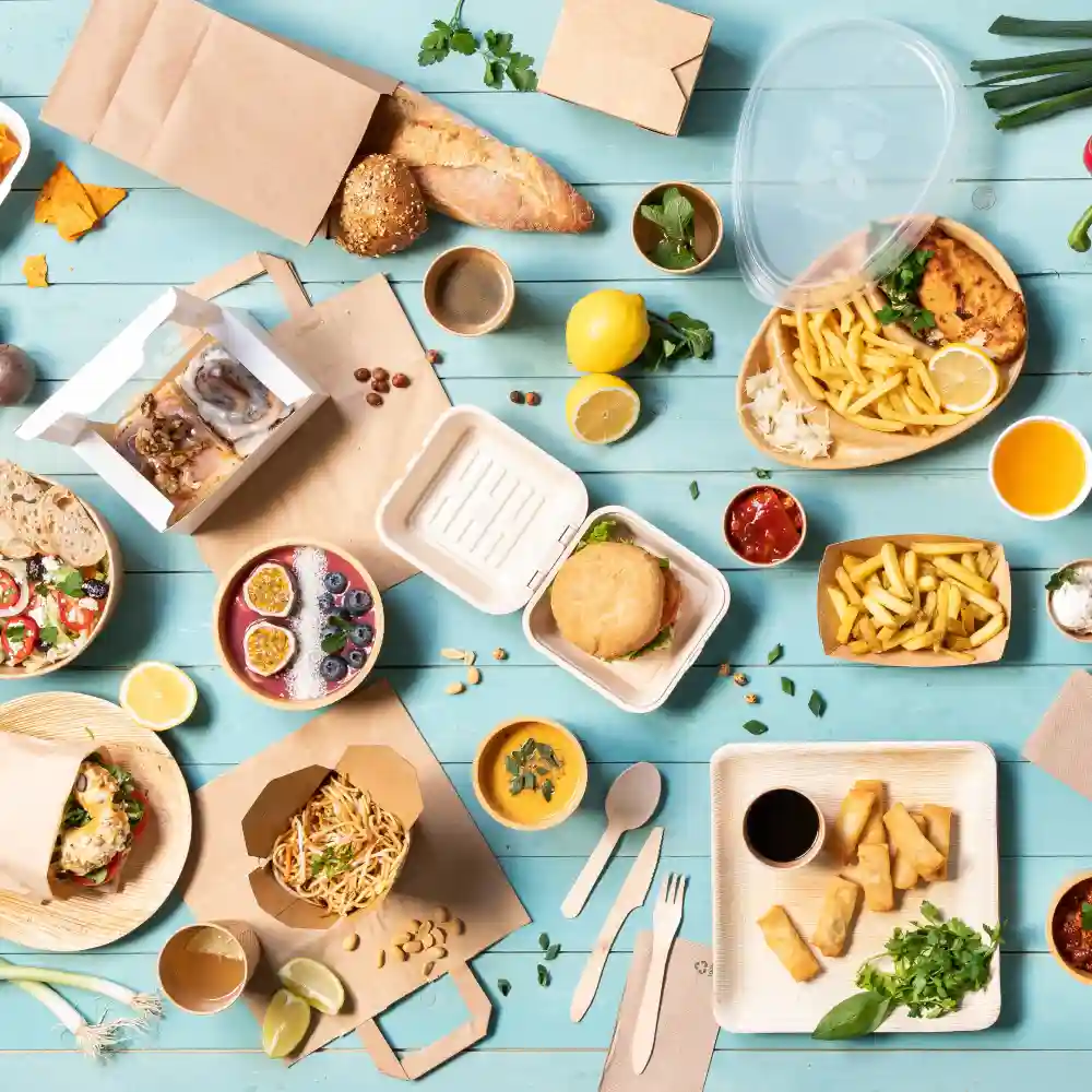 A variety of food items arranged on a blue wooden table; includes sandwiches, salads, fries, spring rolls, and beverages in disposable containers.