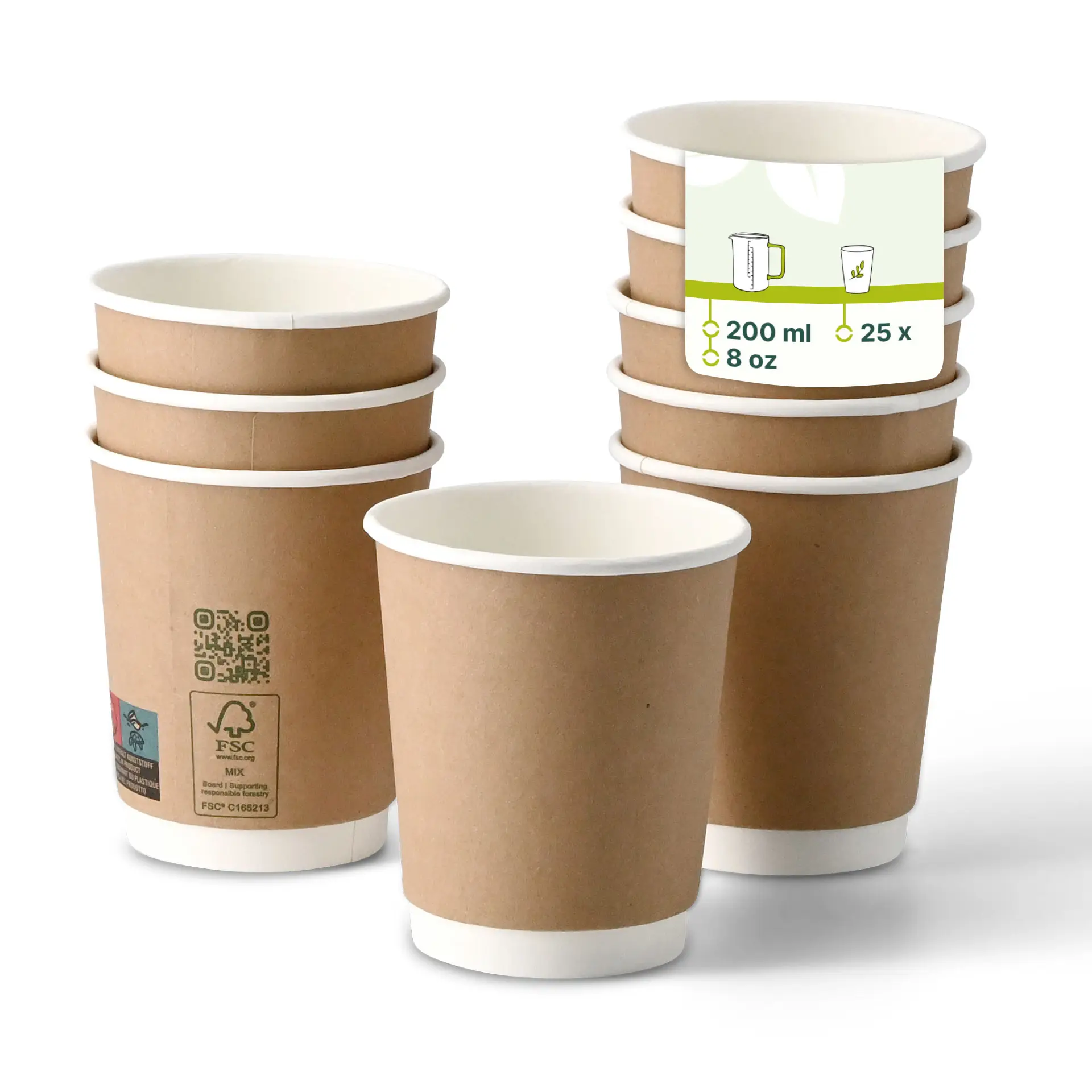 One brown double-wall paper cup in focus; several similar cups stacked behind. Each cup has a white inner lining.