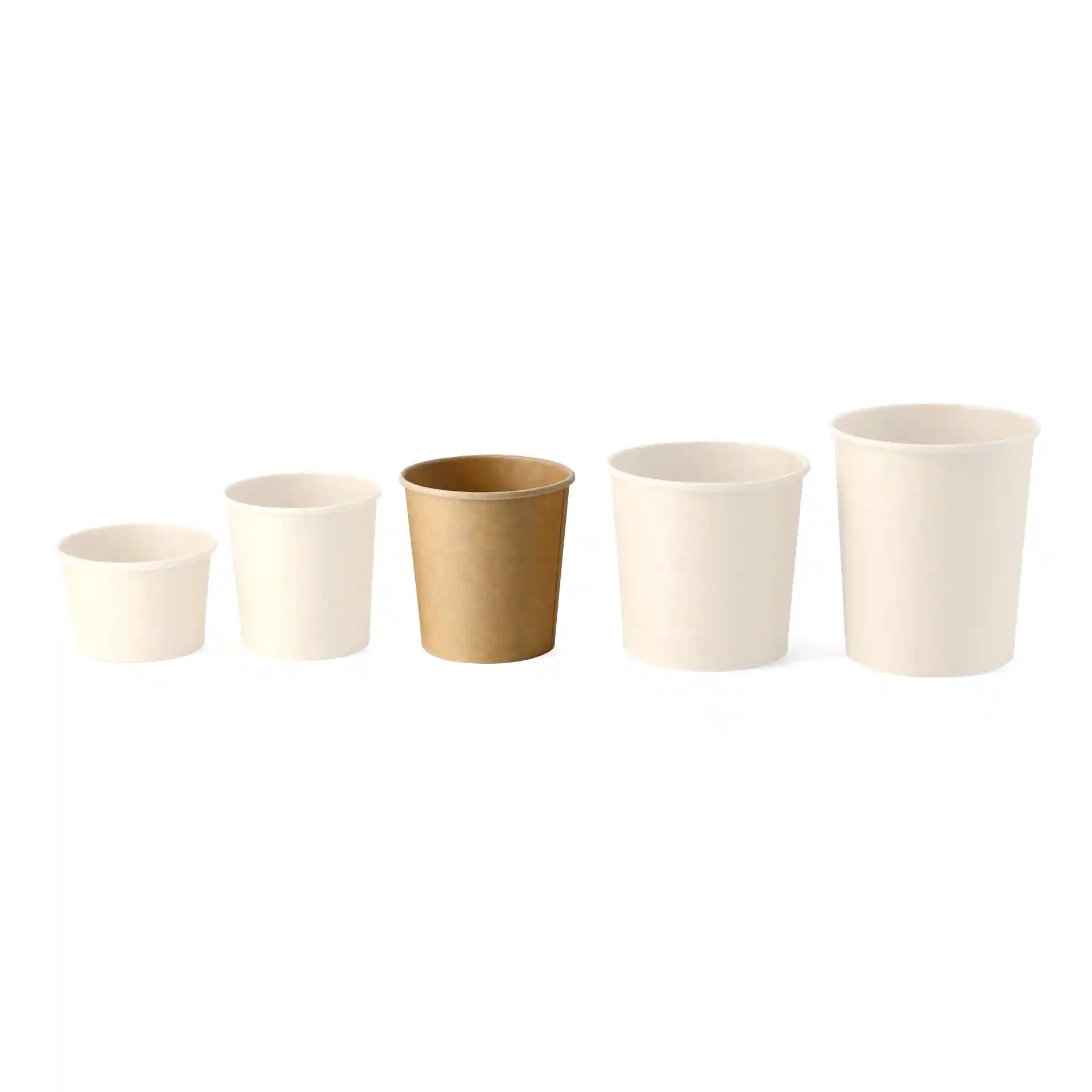 Image of five round cardboard cups in varying sizes, with one brown cup among white cups.