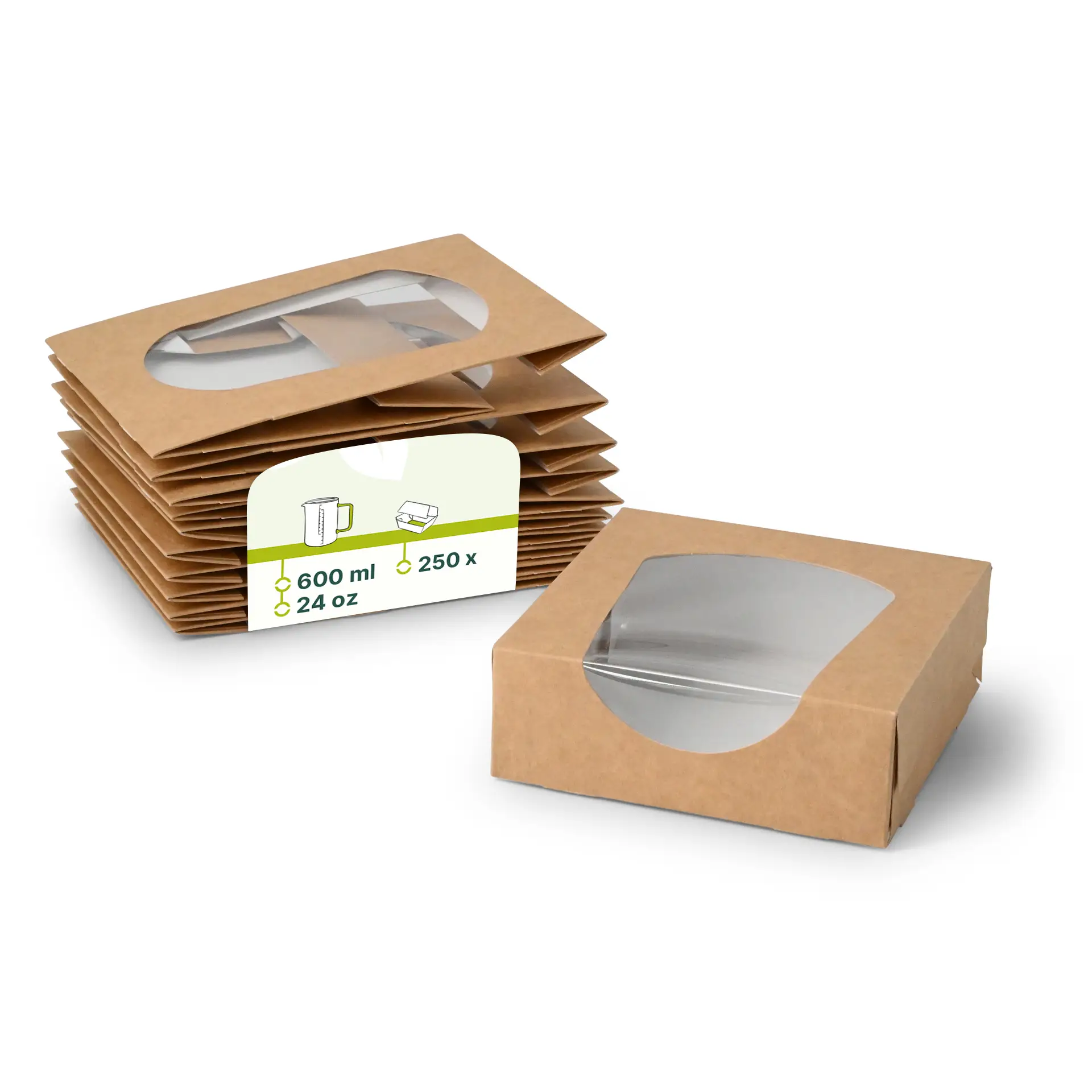 Brown cardboard window boxes with a cellulose window, measuring 12 x 12 x 4 cm, stacked with one box in front.