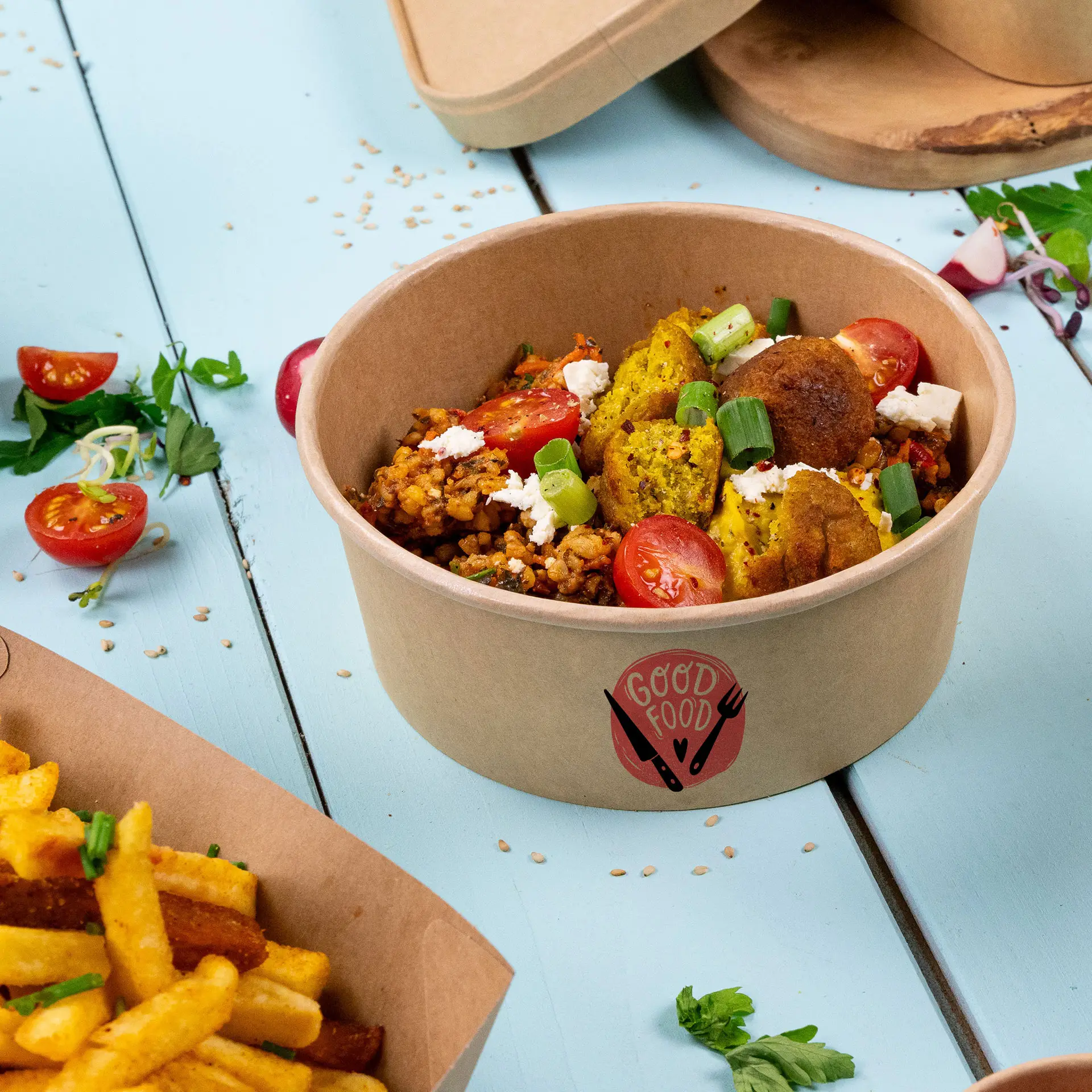 Custom salad bowls / Printed bowls, 650 ml, Ø 150 mm, brown, PE-coated