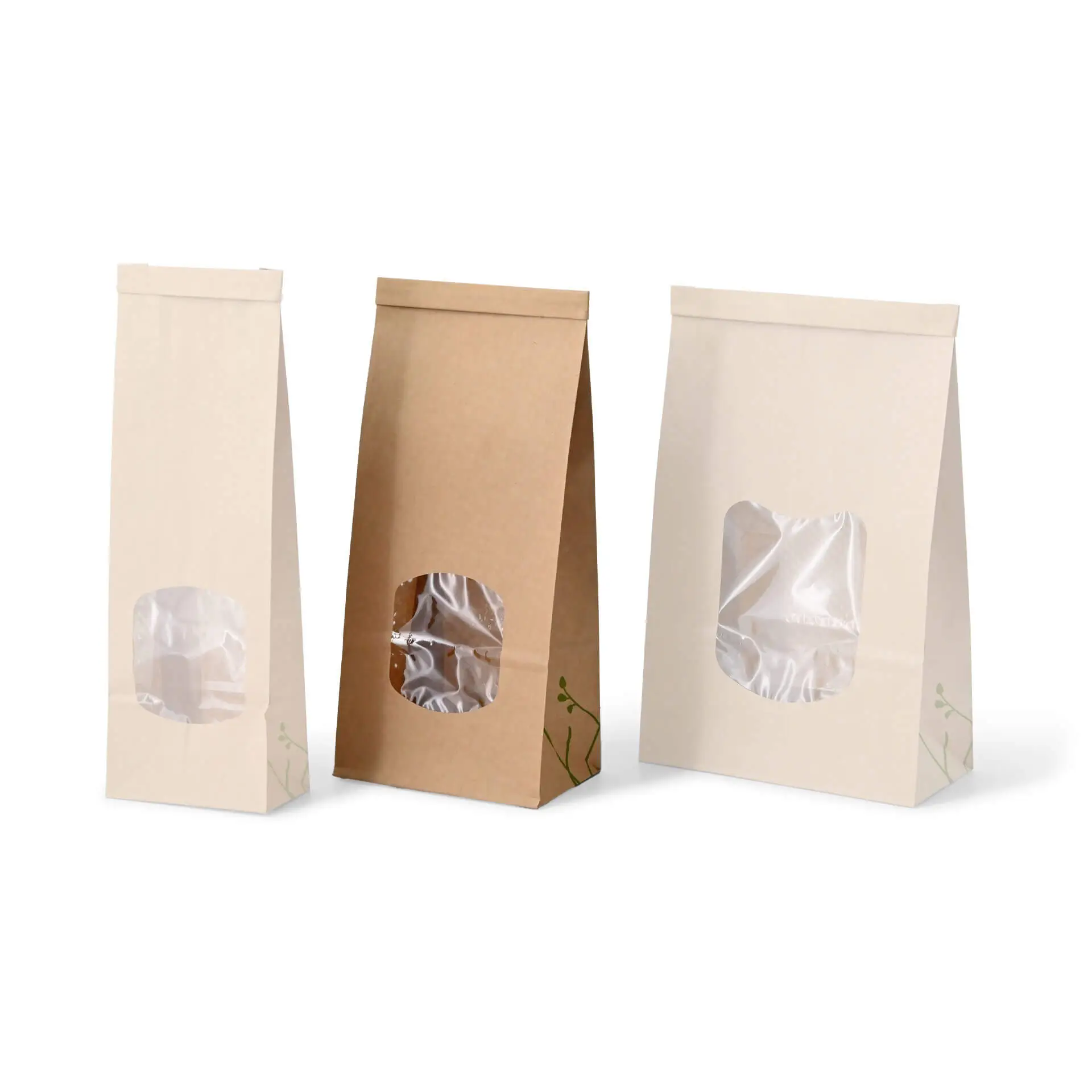 Block bottom bags with window M, 11.5 x 7.2 x 24.6 cm, PLA-foil, brown, tin tie, kraft paper