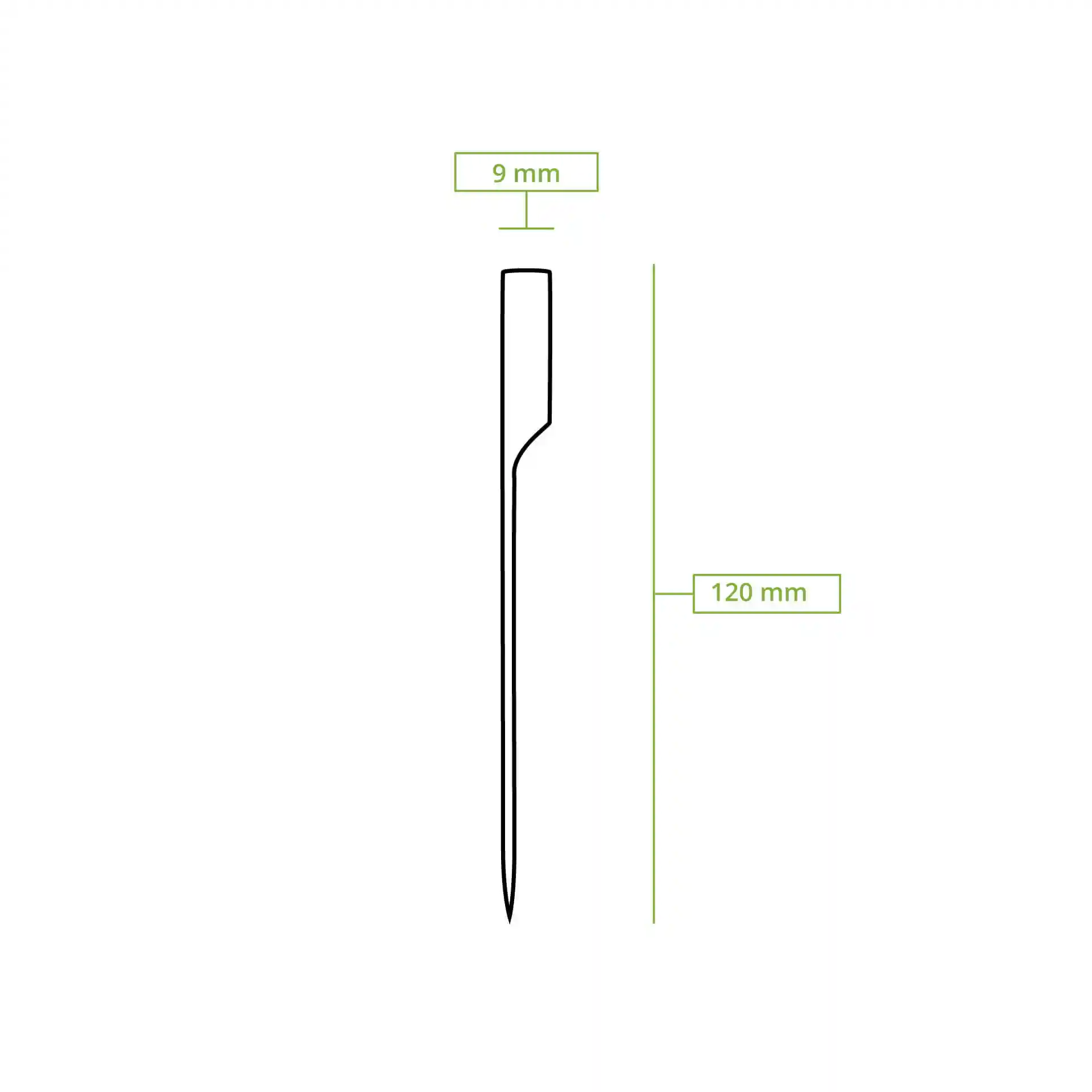 Schematic drawing of a bamboo paddle skewer, measuring 120 mm in length and 9 mm in width.