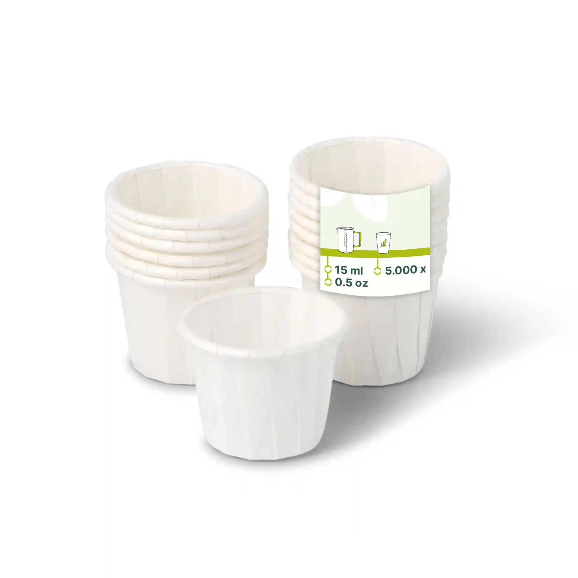 White paper cups stacked together, with one cup in front, each holding 15 ml.