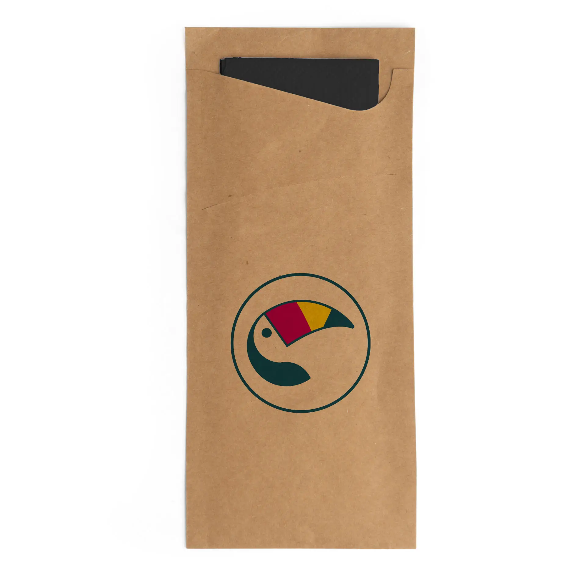 Brown kraft cutlery sleeve with a black napkin and a circular logo featuring a colorful toucan design.