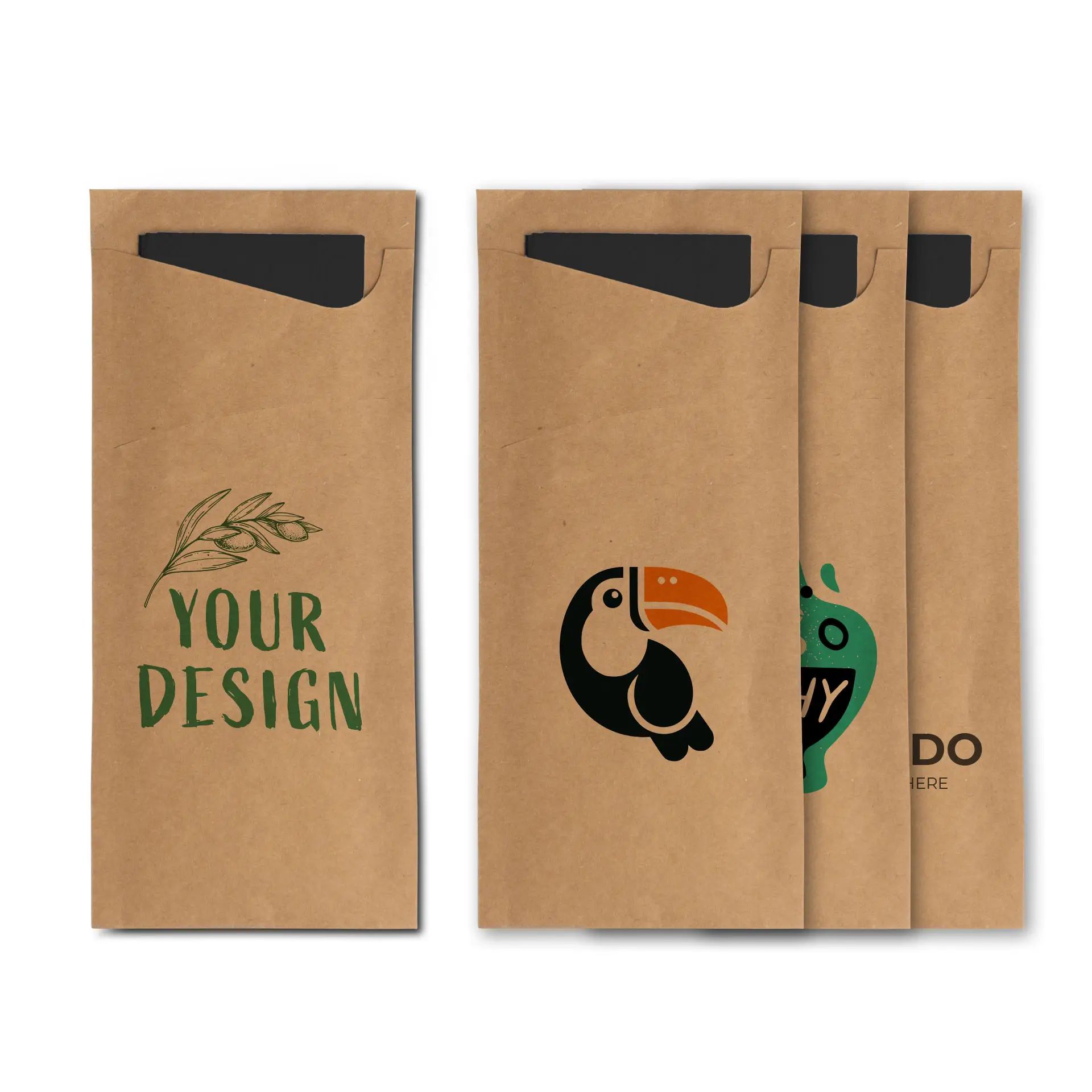 Brown kraft cutlery sleeve with a black napkin and a circular logo featuring a colorful toucan design.