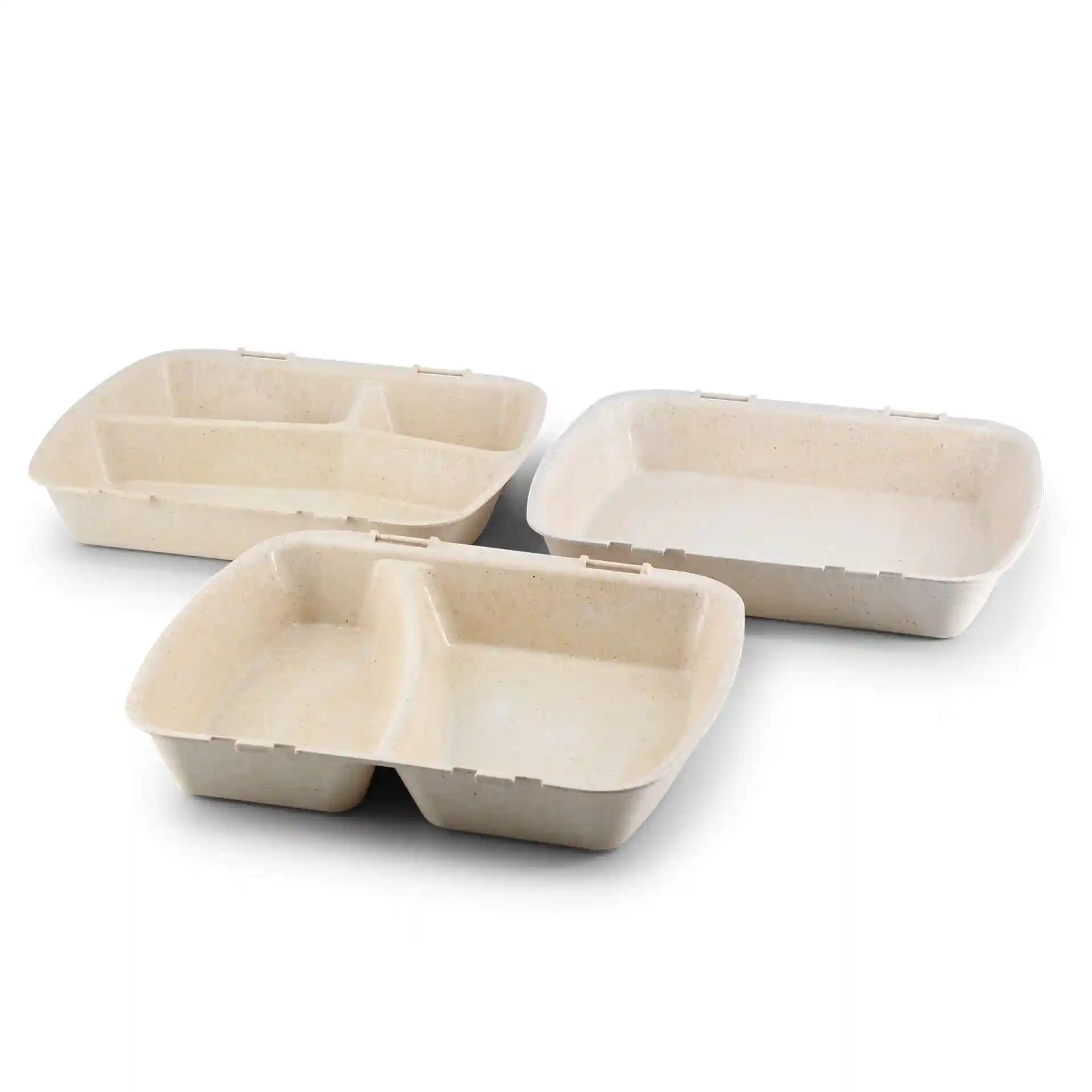 Three reusable meal containers in cream white, featuring two compartments each, arranged on a plain background.