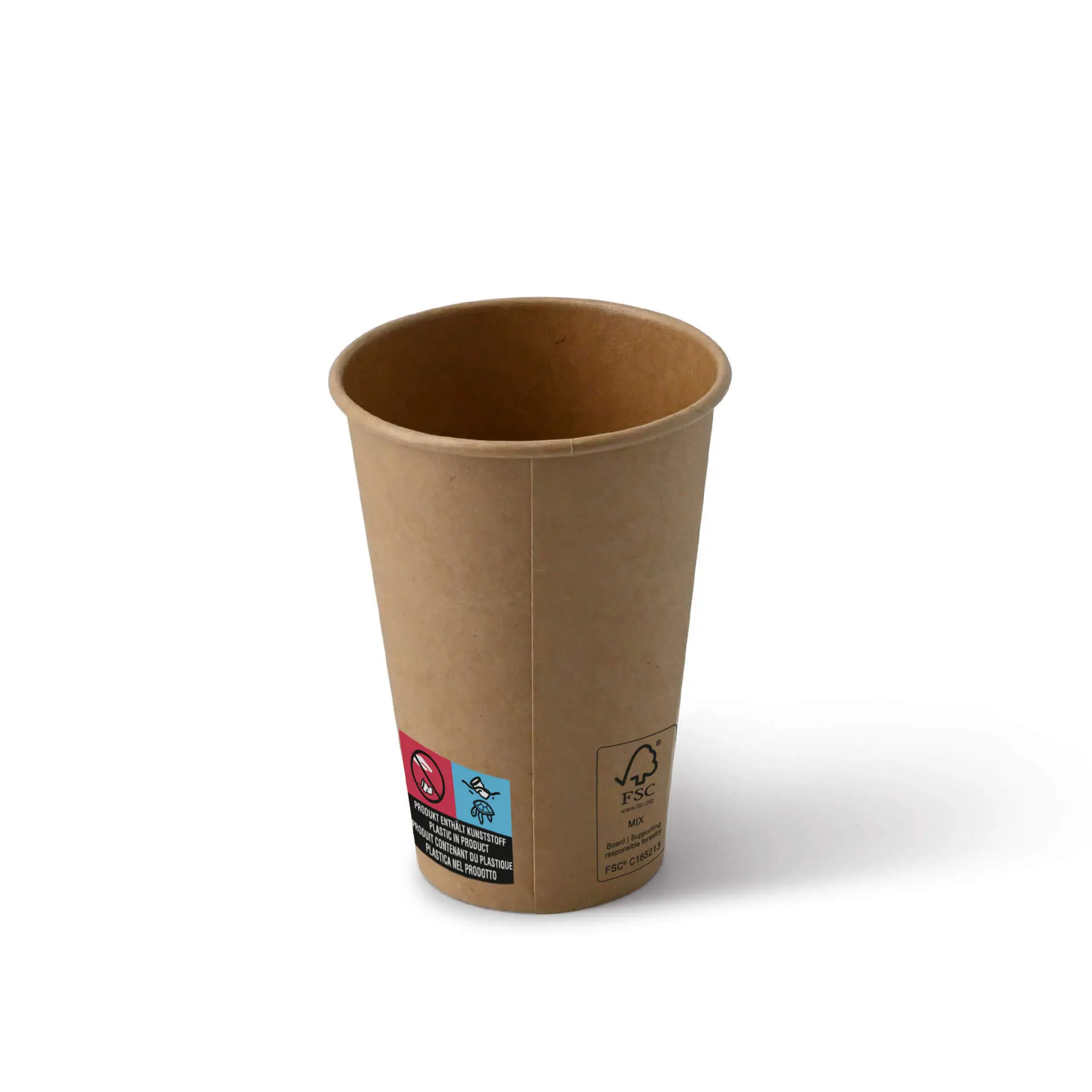 Brown paper cup with a PE coating for vending machines, size 7.5 oz; features climate safety and recycling symbols.