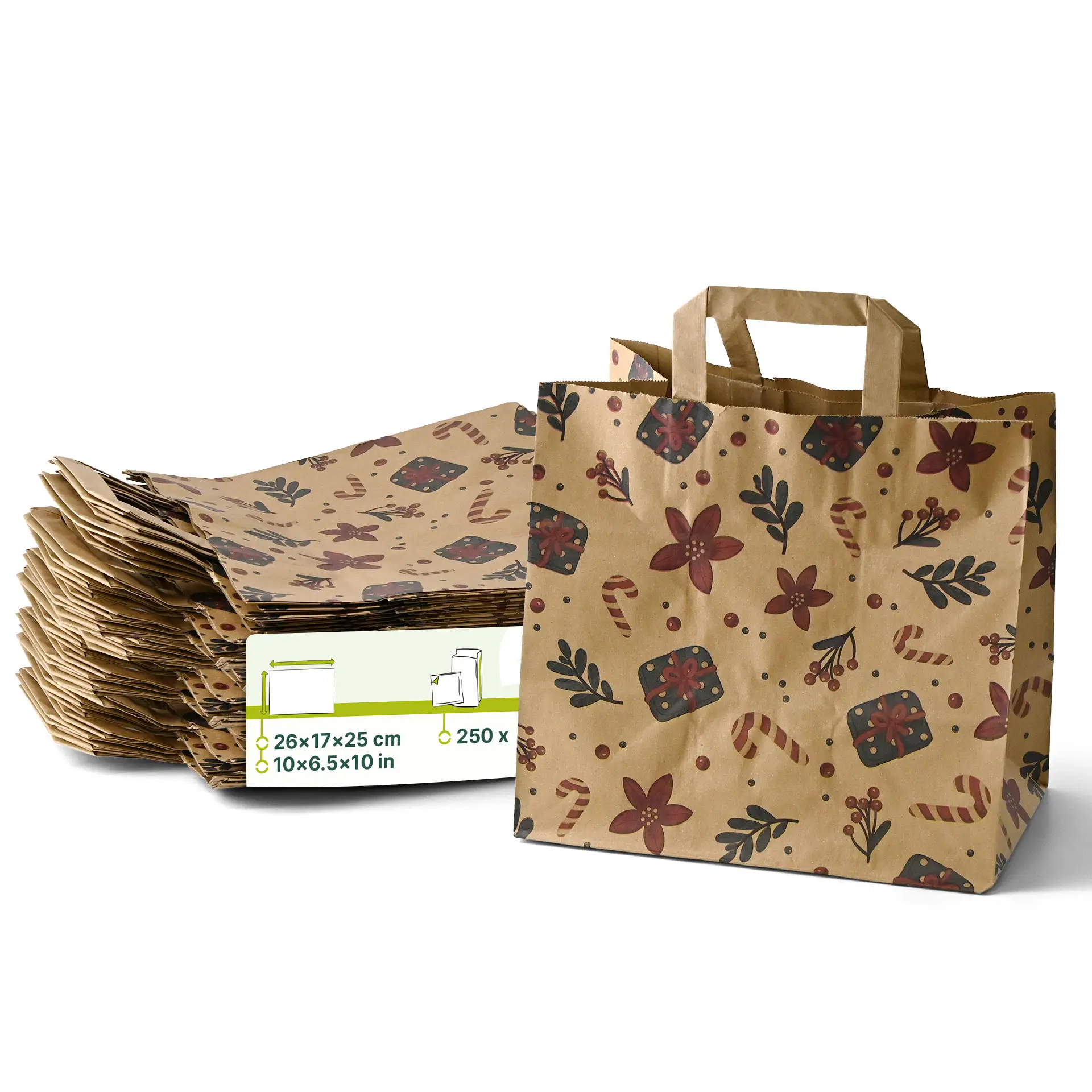 Brown paper carrier bag with winter design, dimensions 26x17x25 cm, shown with multiple bags stacked behind.