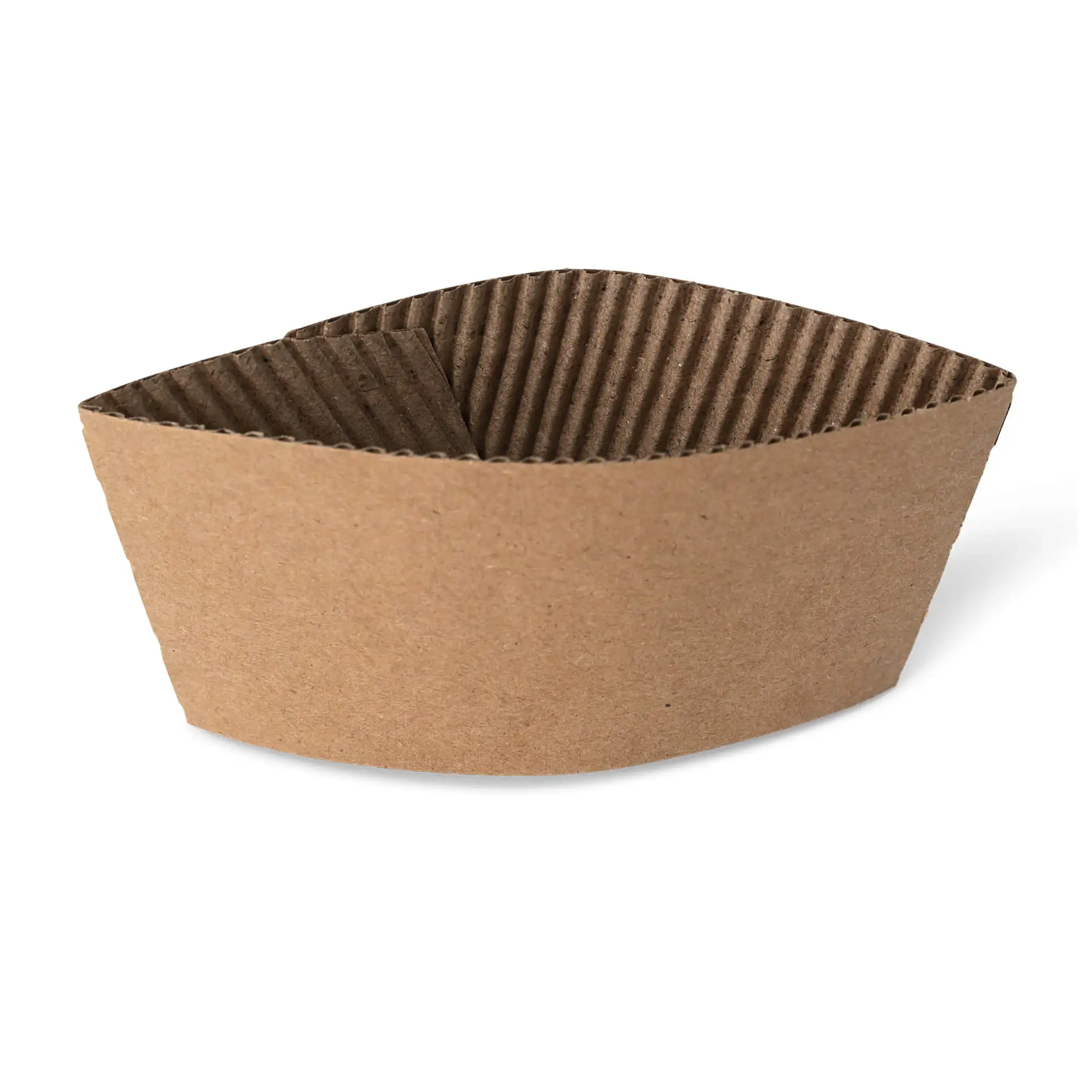 Brown cardboard cup sleeve designed for 150, 200, or 250 ml paper cups with inner ripple texture for grip and heat protection.