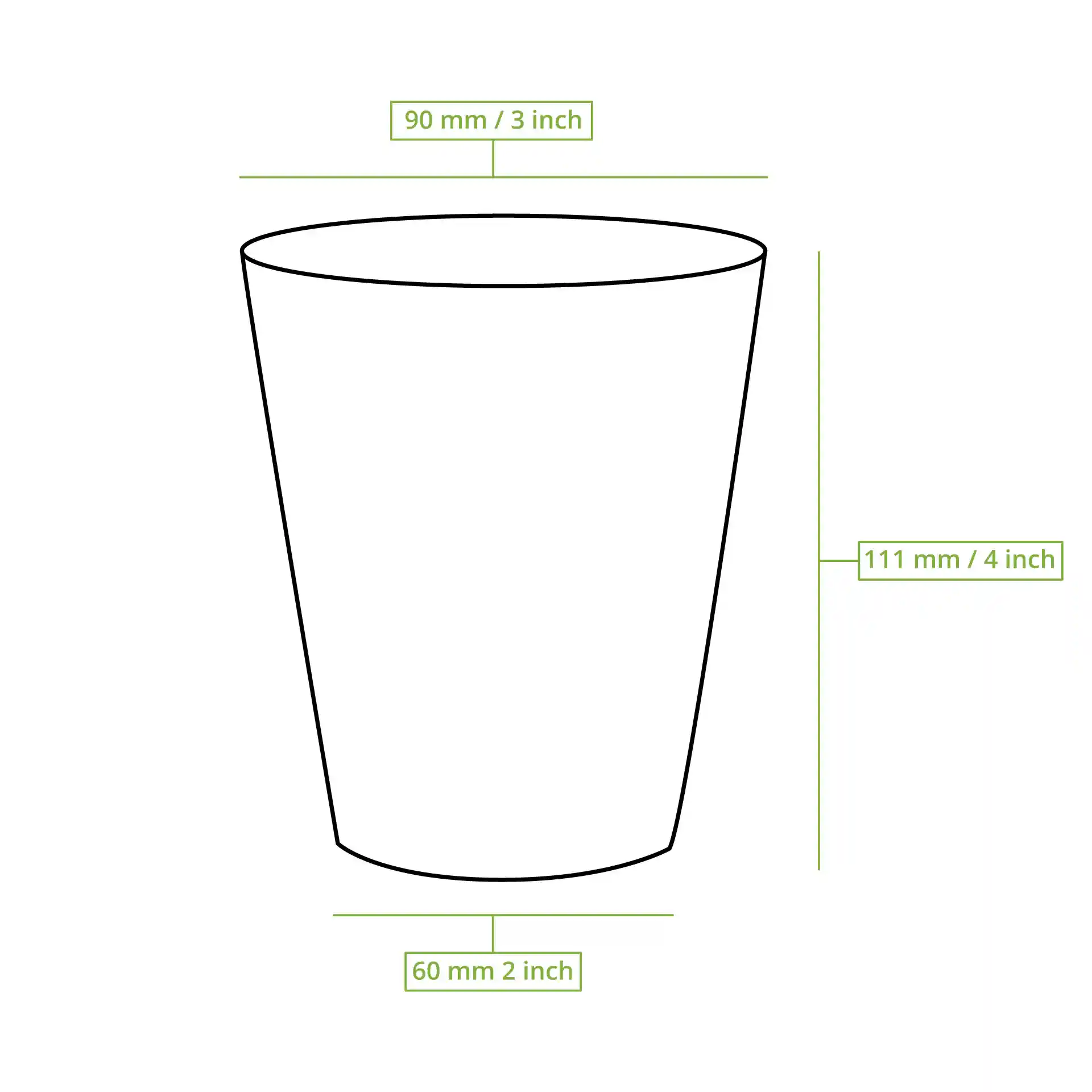 Schematic drawing of a round paper cup with dimensions: 90 mm top diameter, 60 mm bottom diameter, and 111 mm height.