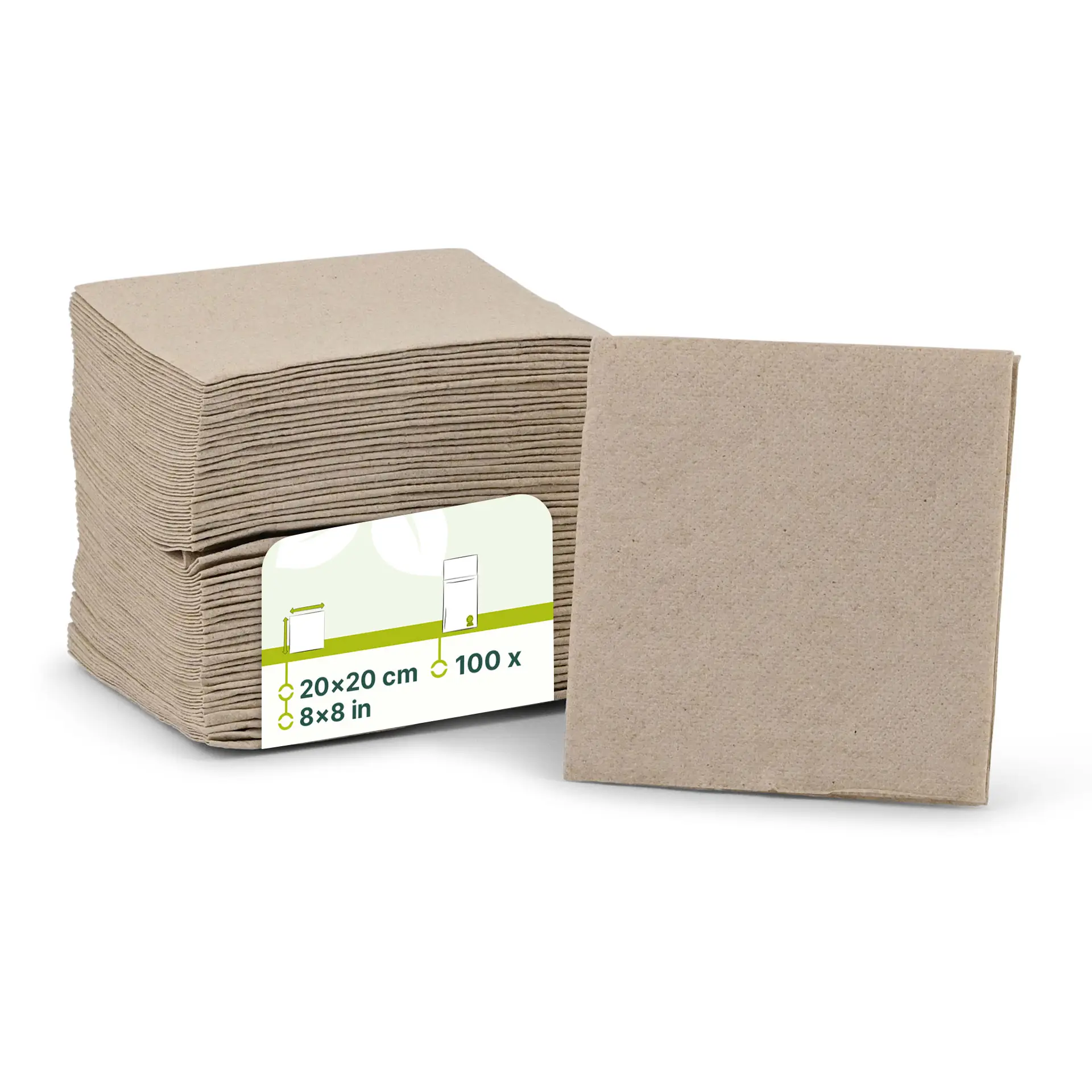 Stack of unbleached, 2-ply square cocktail napkins, 20 x 20 cm, with a label showing product details.