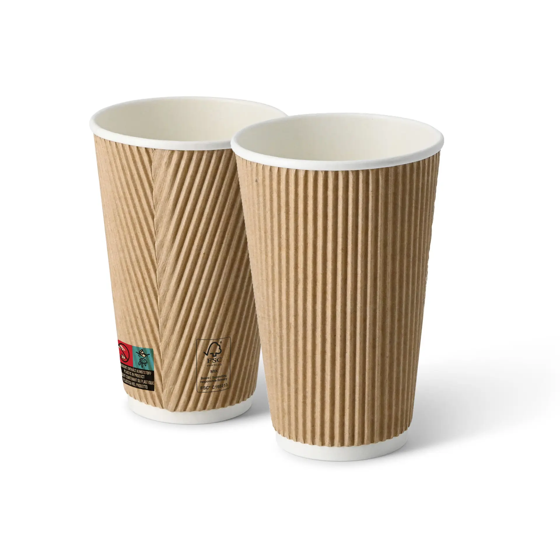Two brown ripple coffee cups with white inner lining, showing a textured exterior and a round shape.
