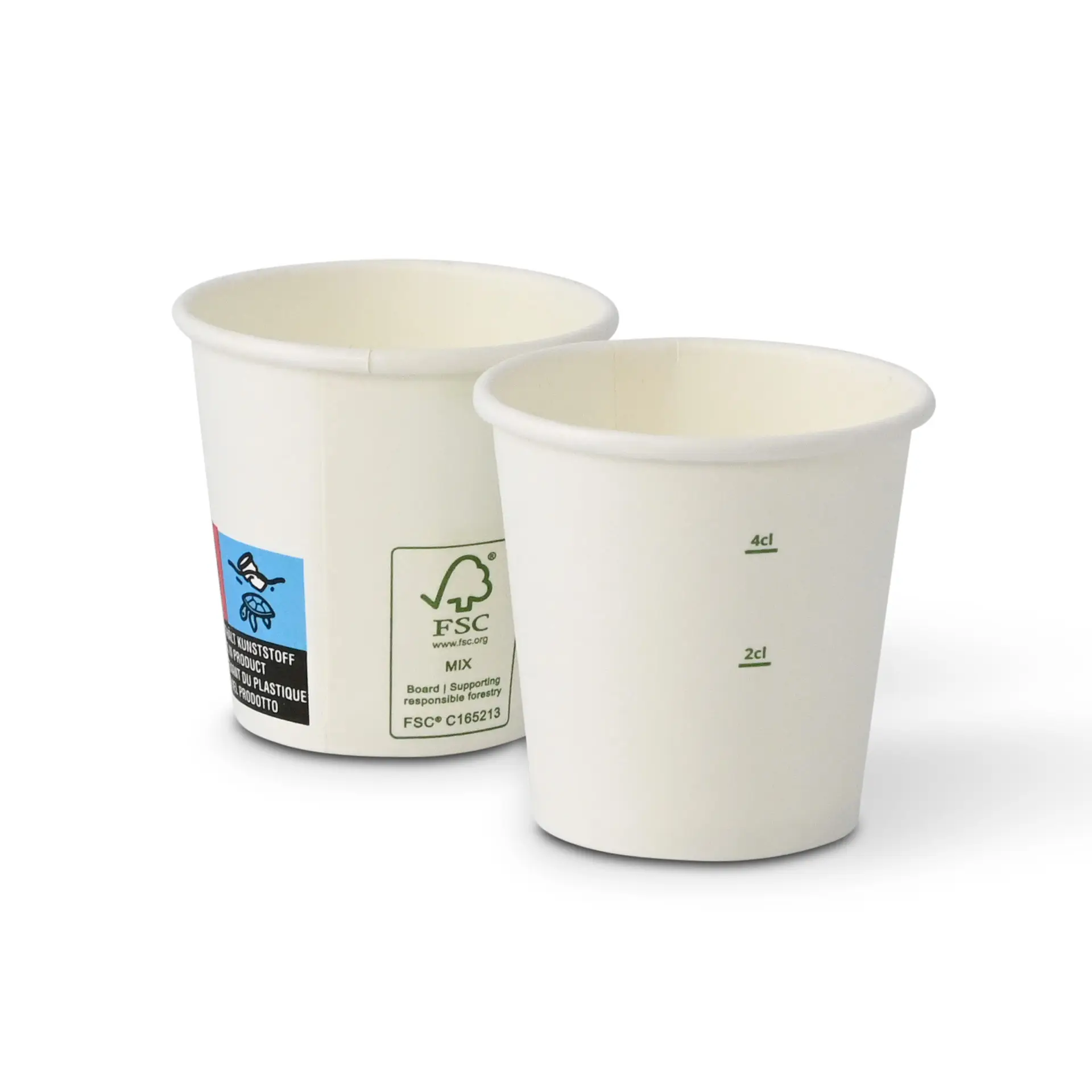 White paper cups with a diameter of 50 mm, one displaying a blue and black label and the other a green label.