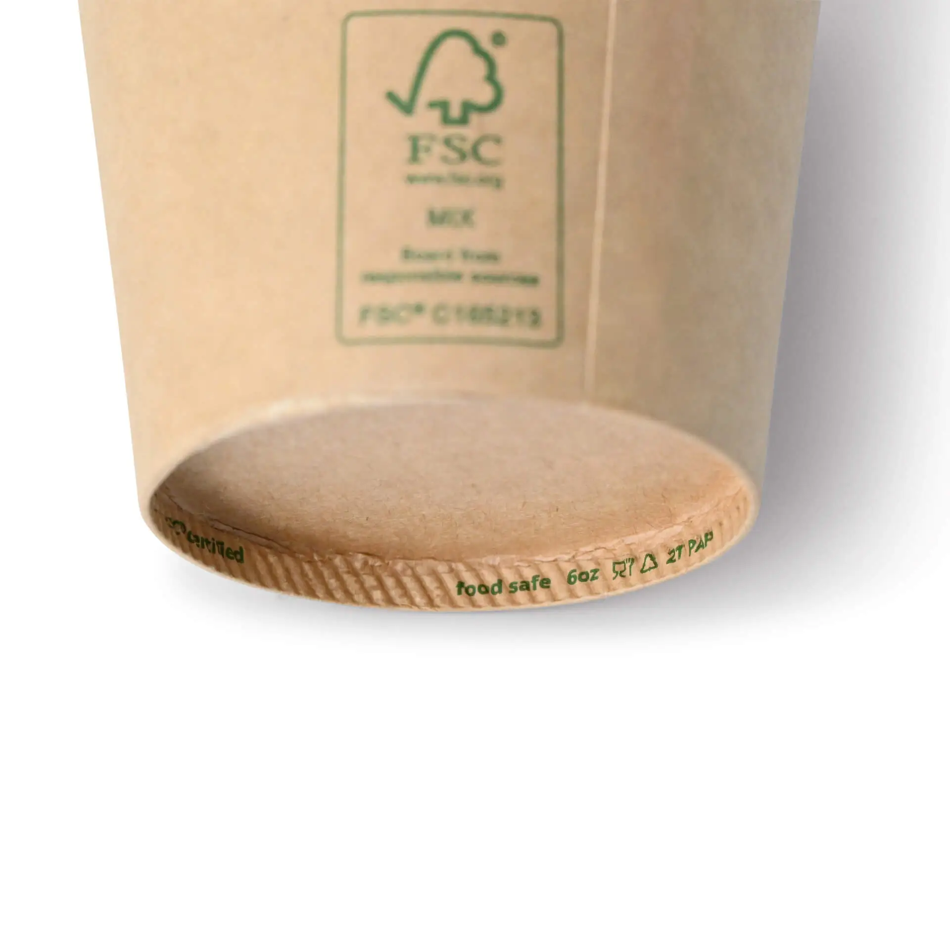 Brown cardboard paper cup with a round shape, showing the bottom and inner coating details.