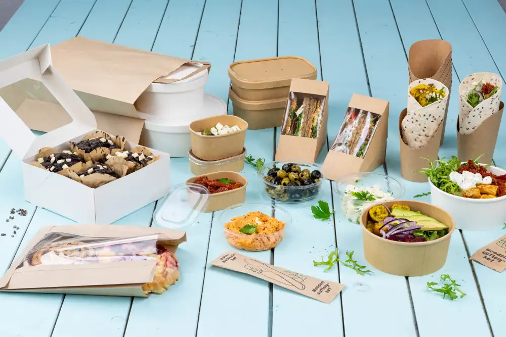 Assorted food packaging containers including boxes, wraps, and bowls on a blue wooden surface, with various food items visible.