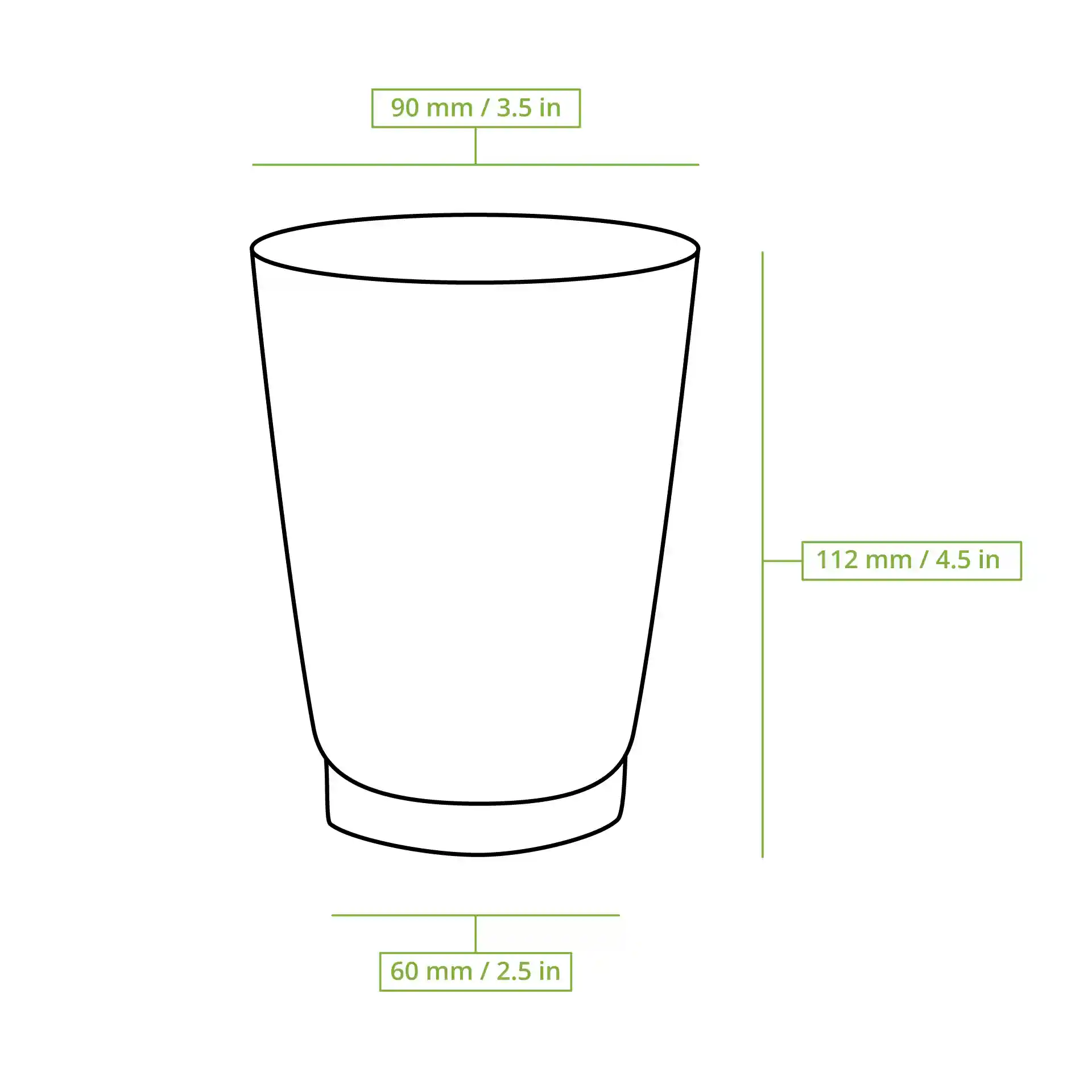 Schematic drawing of a ribbed cup with dimensions: height 112 mm, top diameter 90 mm, and base diameter 60 mm.