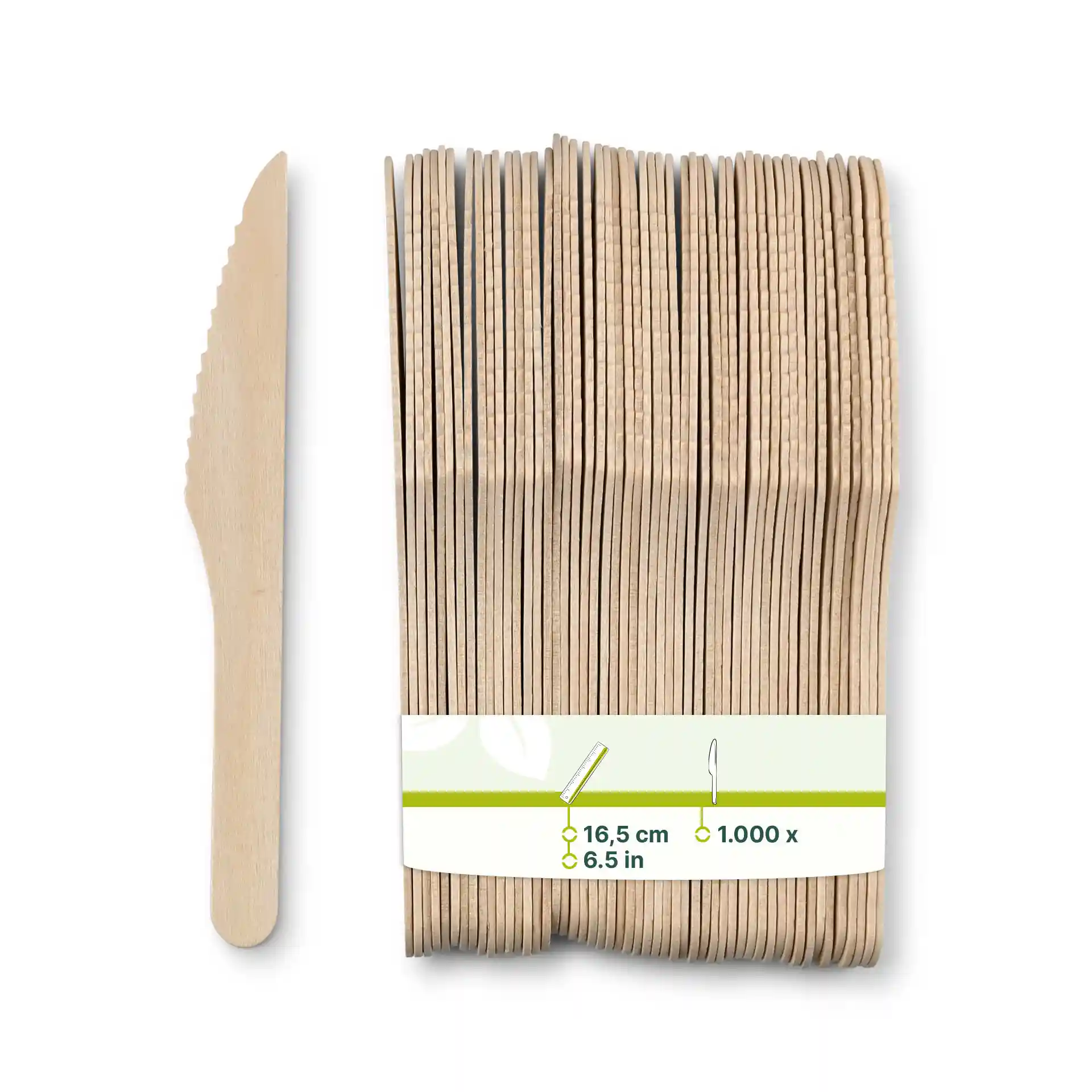 Wooden knives in a stack, each 16.5 cm long, with a serrated edge and a brown wood finish.