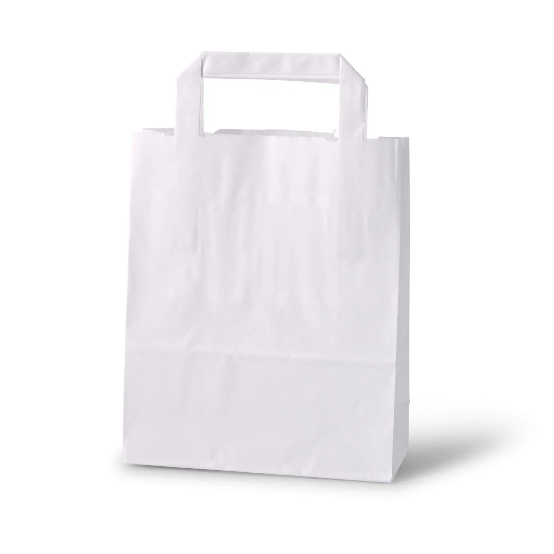 White paper carrier bag, tear-resistant, dimensions 18 x 8 x 22 cm, suitable for shopping and groceries.