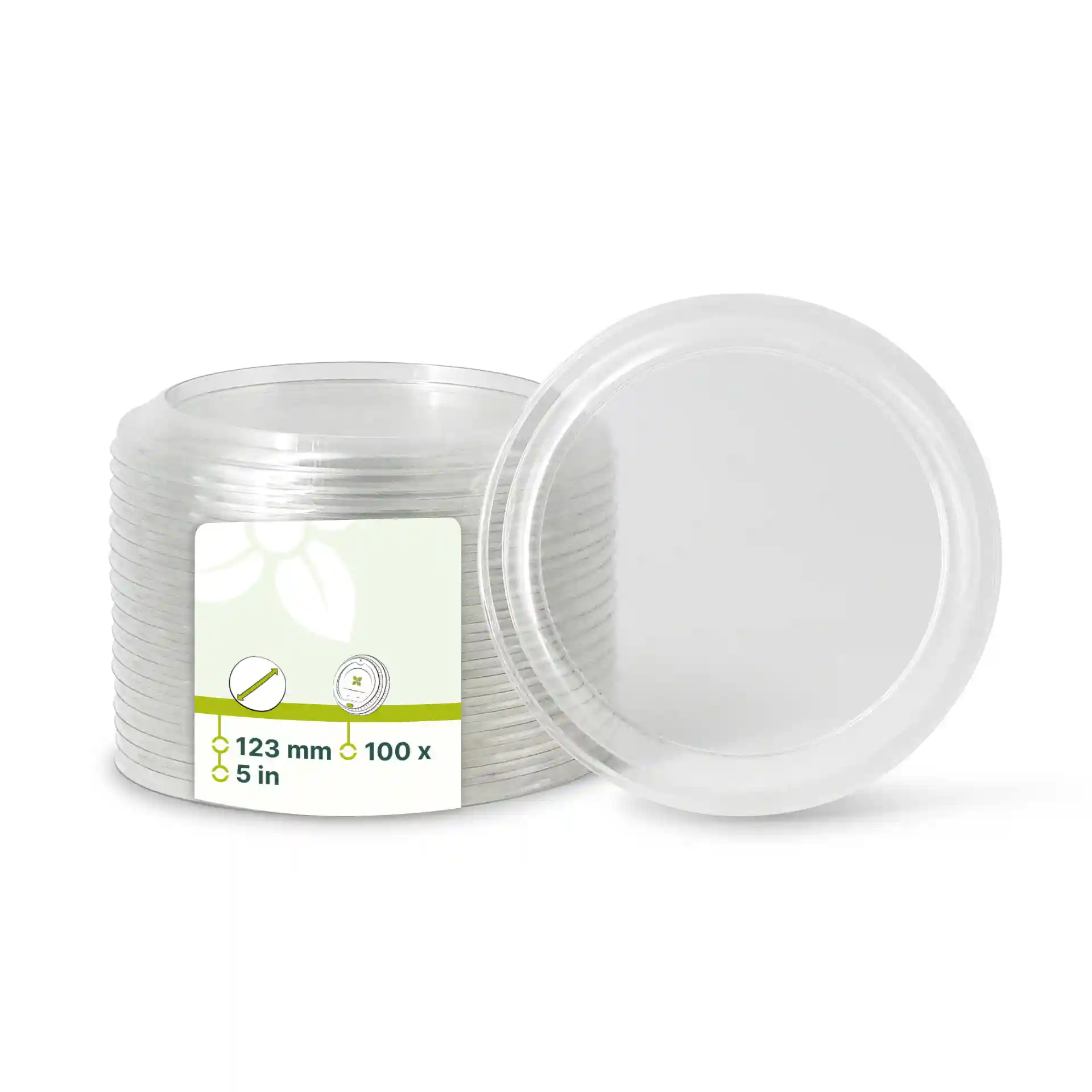 Transparent round rPET lids with a diameter of 123 mm, stacked with one lid on top.