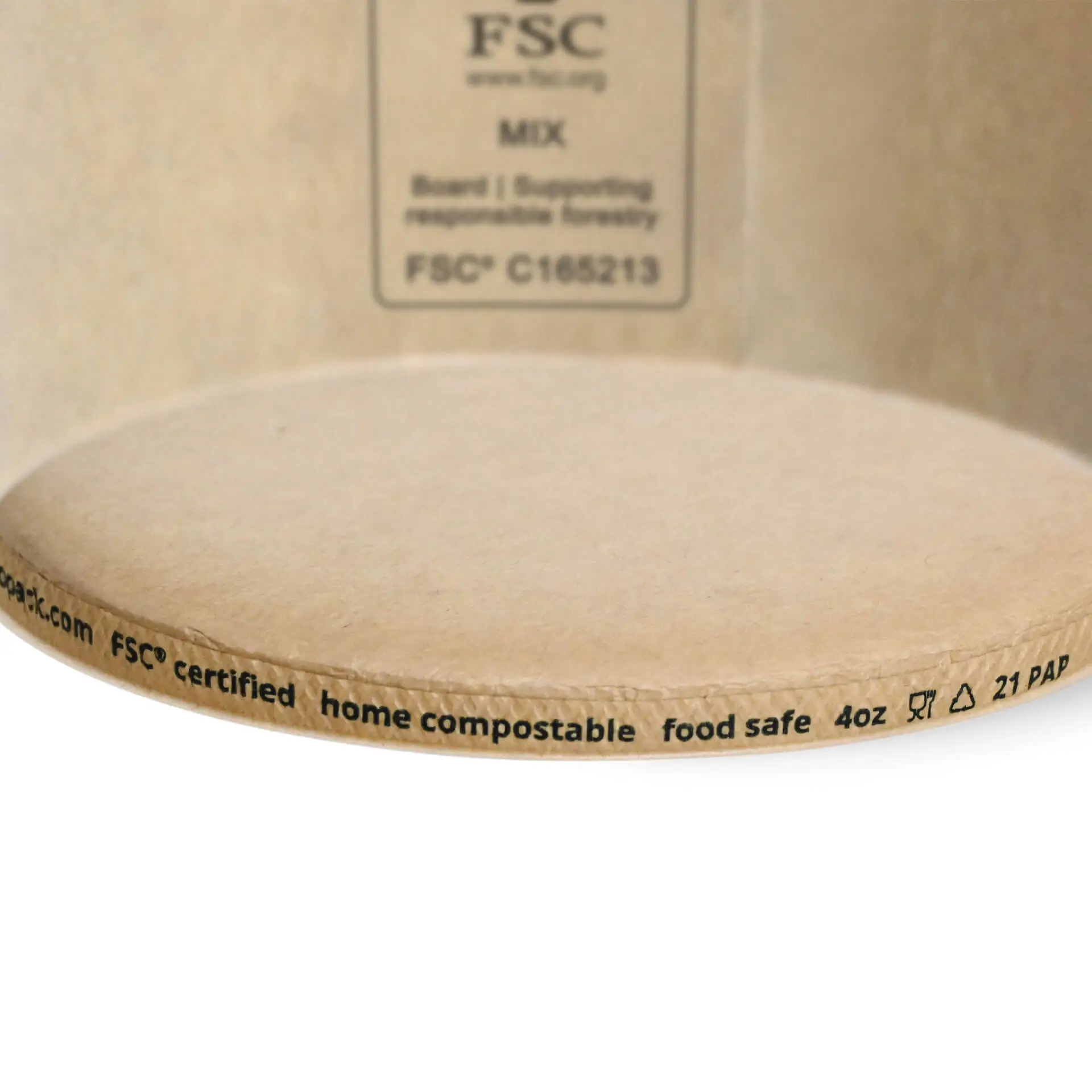 Brown 4 oz coated paper ice cream cup with FSC certification markings and food-safe label. Ideal for to-go desserts.