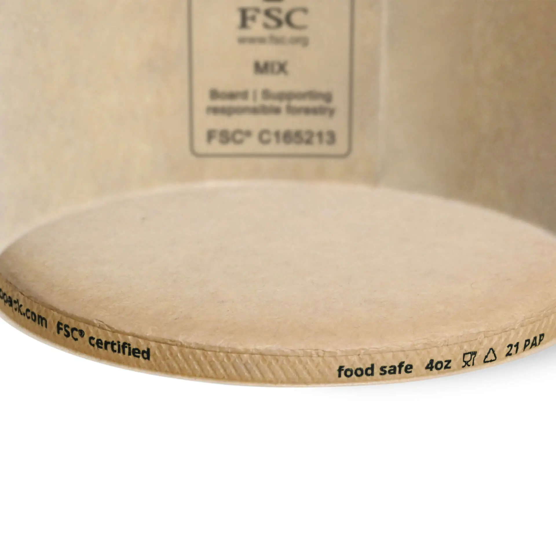 Brown cardboard cup with a diameter of 92 mm and a height of 42 mm, featuring printed markings on the rim.