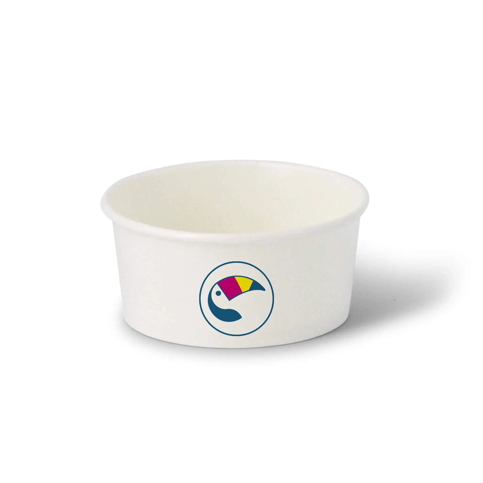 One white ice cream cup with a printed colorful logo, featuring a smooth interior and short sides.