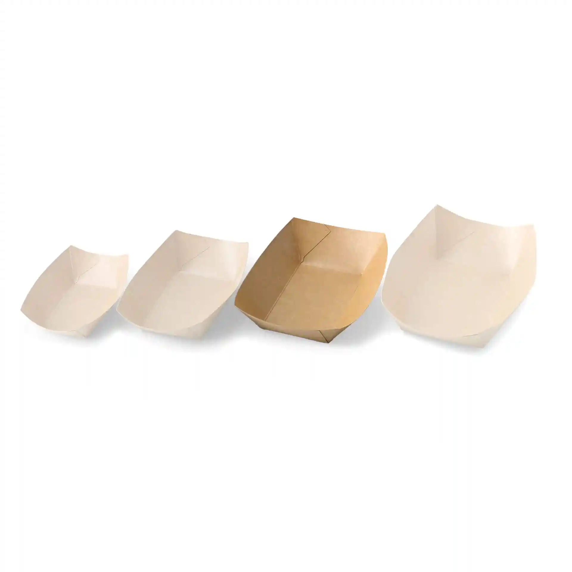 Four cardboard snack bowls in varying sizes, two in brown and two in light color, arranged on a white background.