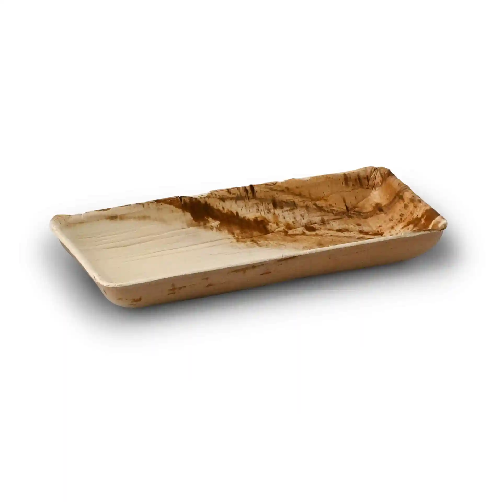 Rectangular palm leaf bowl with a grain color, featuring a deep design and no coating.