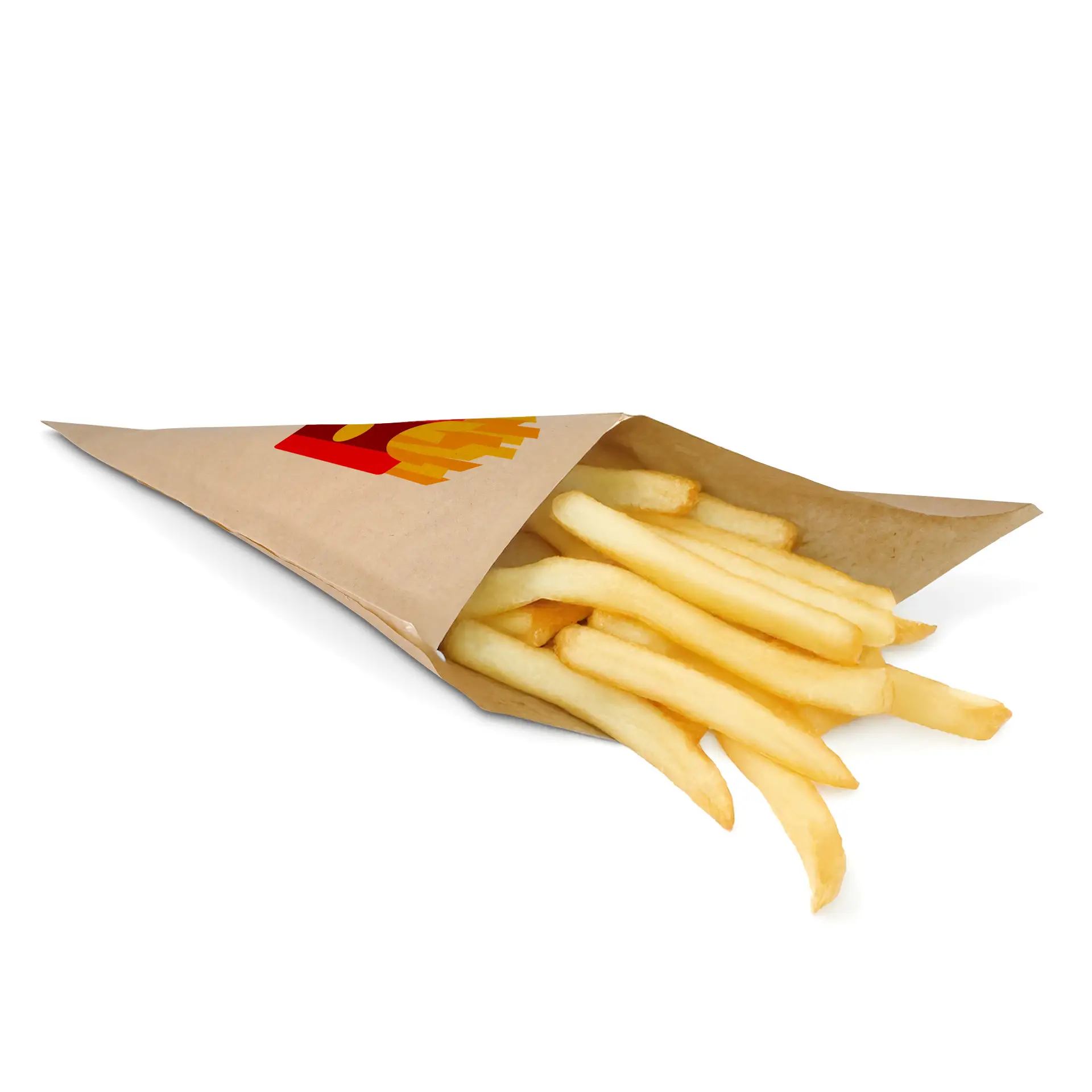 Printed paper cone bag filled with French fries, featuring a logo design, placed on a white background.