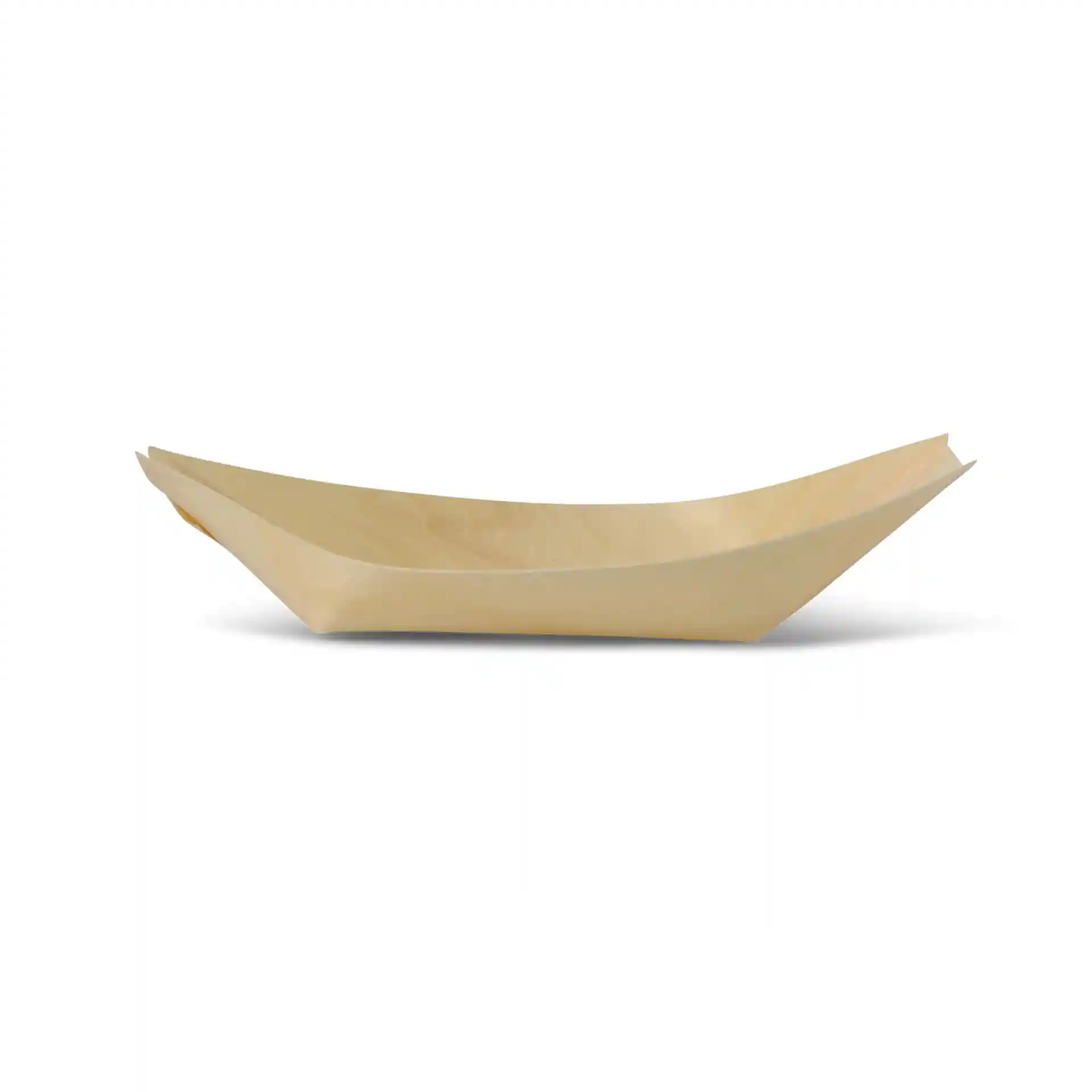 Wooden boat-shaped serving dish in brown, measuring 17 cm in length, 9.5 cm in width, and 3.6 cm in height.