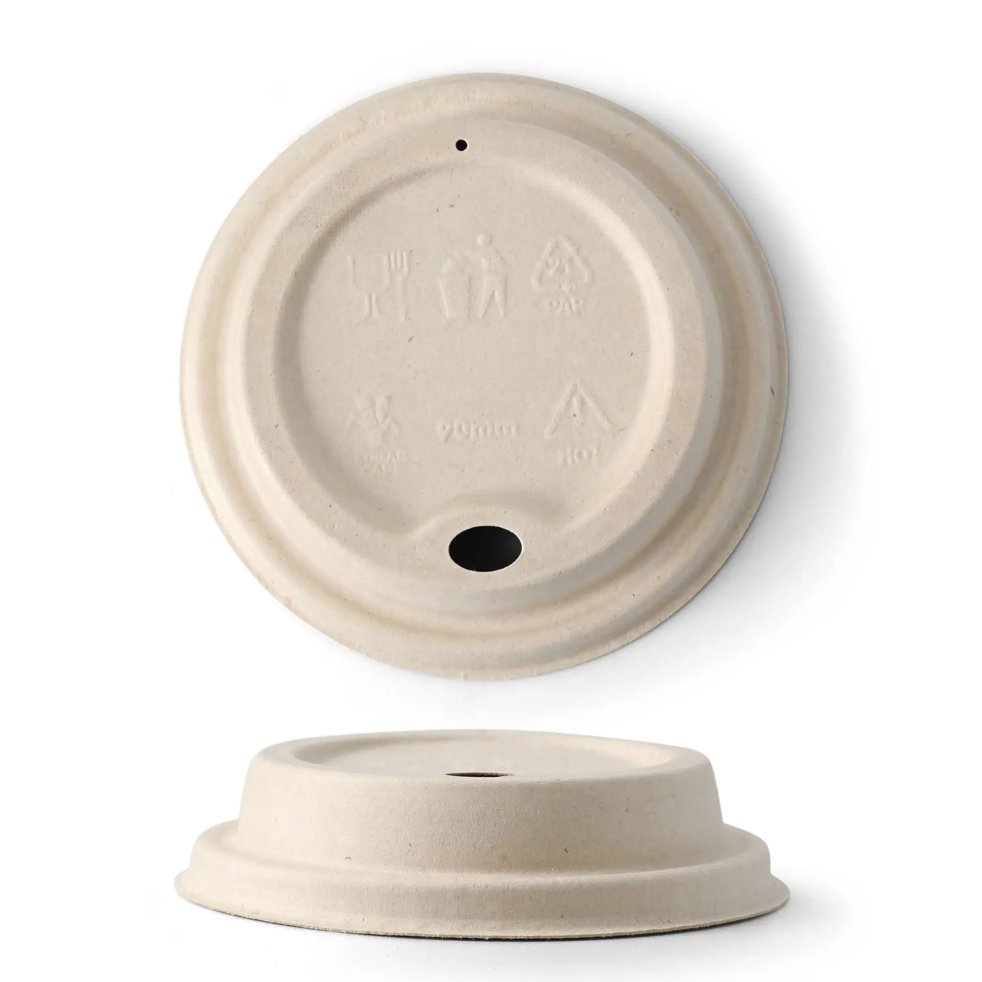 Brown sugarcane lid for paper cups, 90 mm diameter, with drinking opening and recycling symbols.