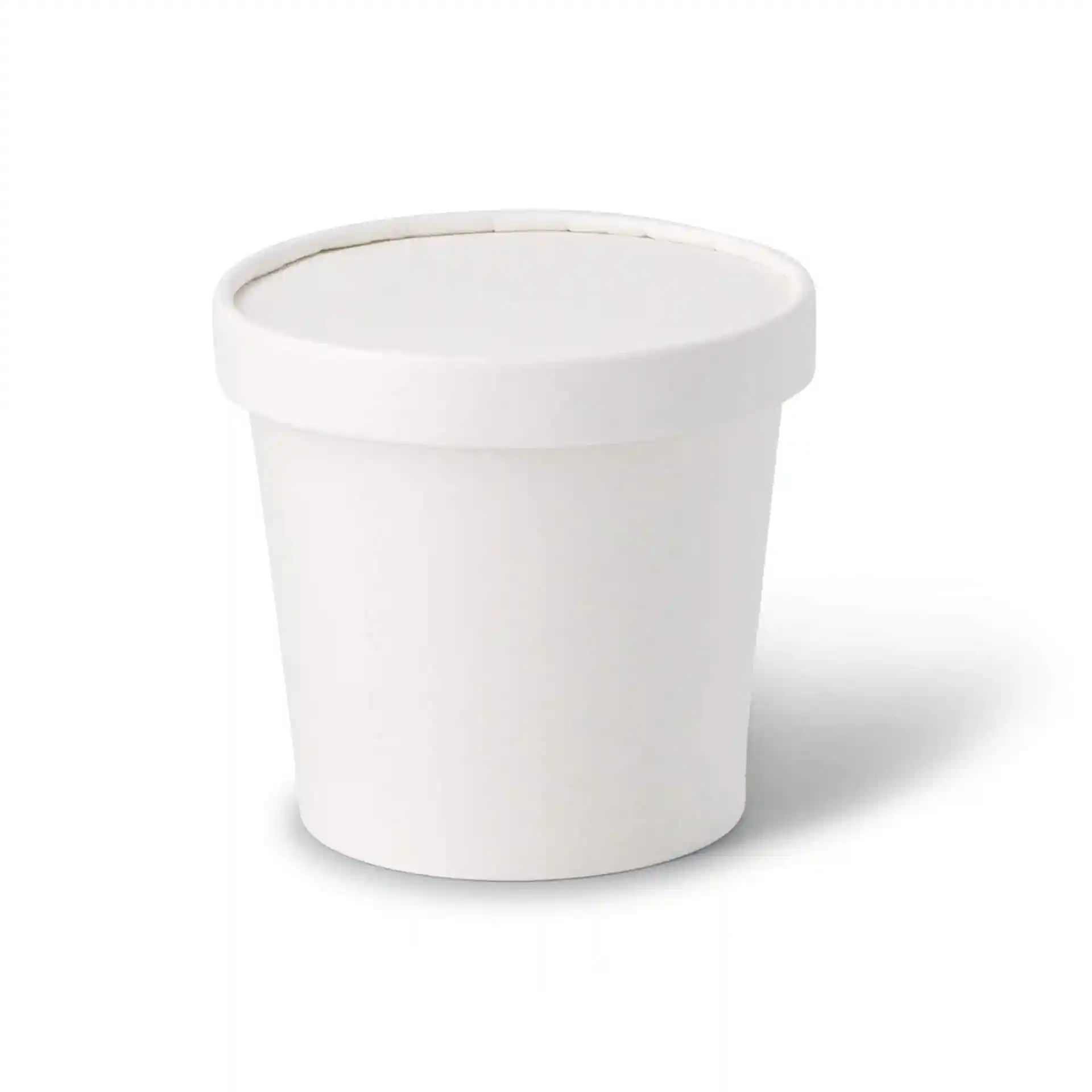 White round cardboard cup with a lid, designed for ice cream, showing a smooth surface and a slight rim.