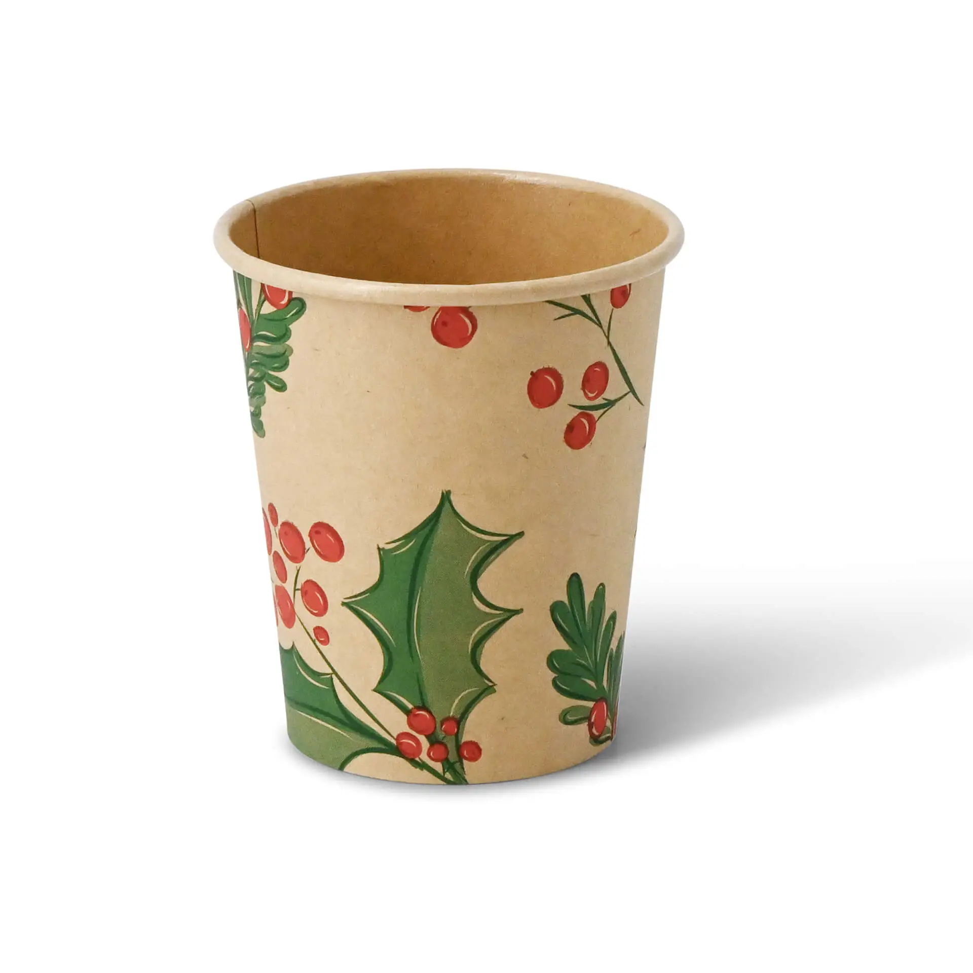 Brown cardboard cup with printed winter-themed design featuring holly and berries, 8 oz capacity.