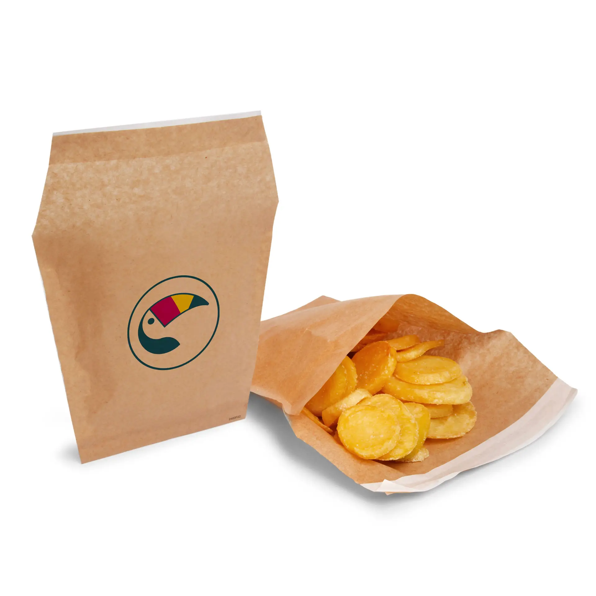 Custom printed French fry bag in brown with an integrated adhesive closure, filled with golden round fries.