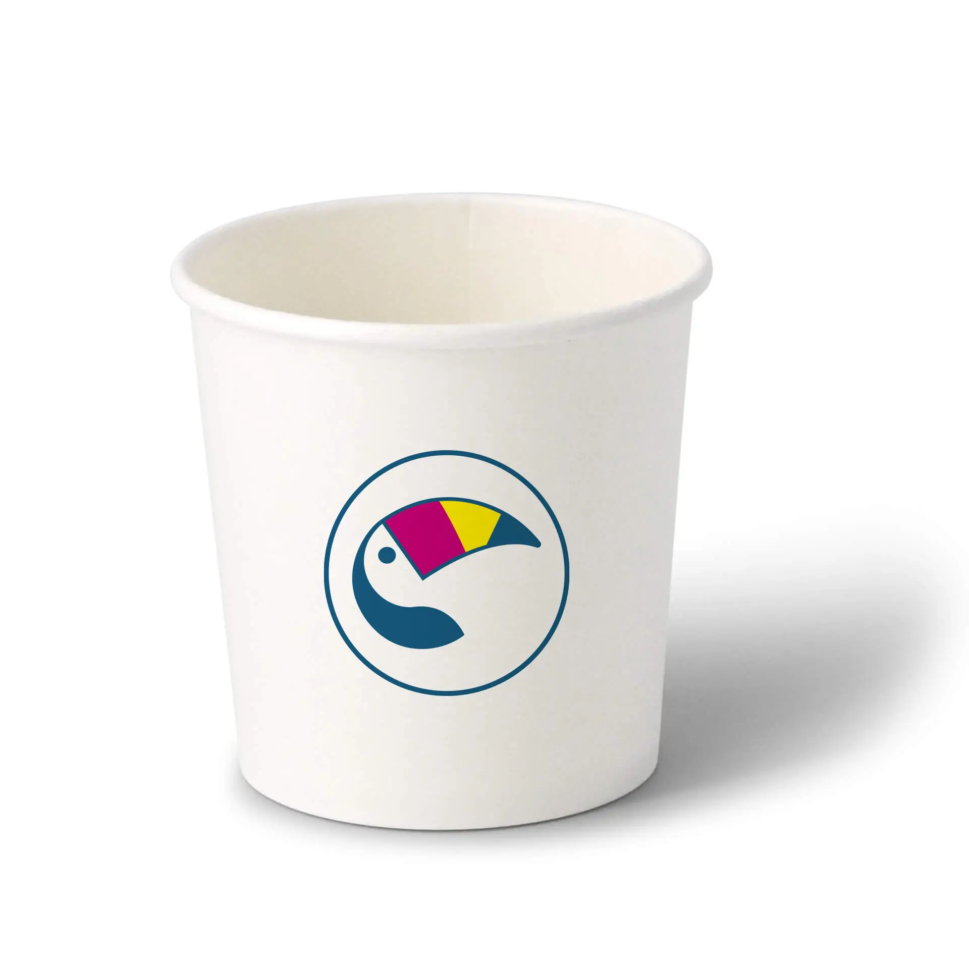 White ice cream cup with a colorful toucan logo, designed for ice cream serving, with optional secure lid available.